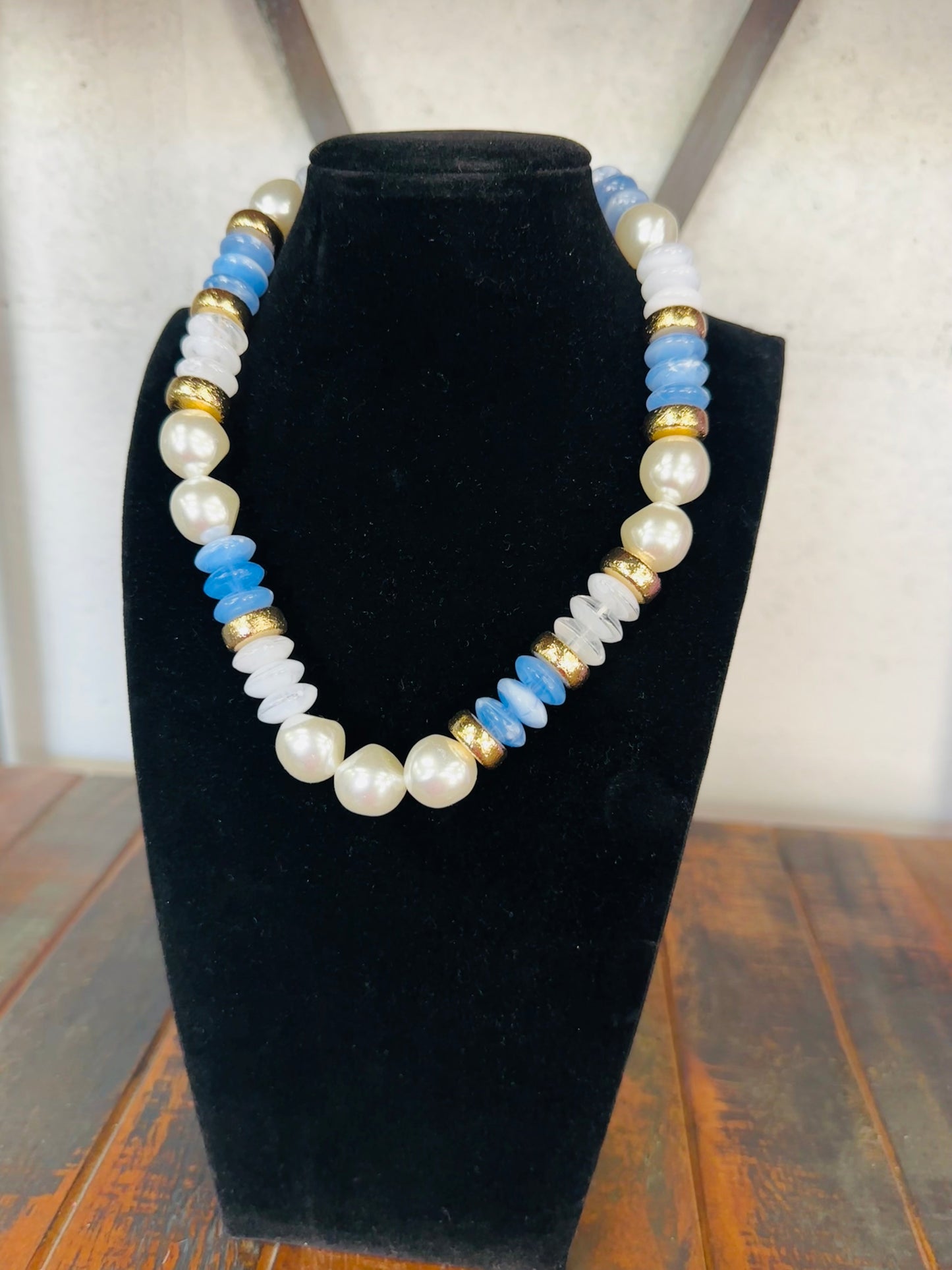 Blue + Gold Pearl Bead Necklace
