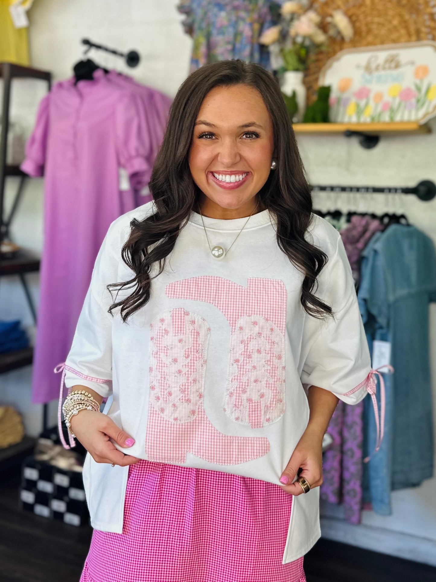 The Paisley Pink Patchwork + Gingham Cowboy Boot Tee