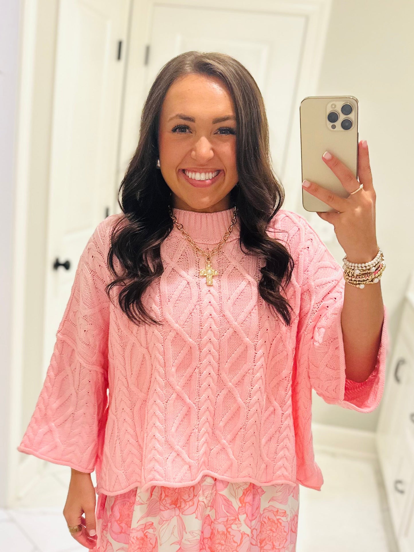 The Eliza Pink Chunky Ribbed Knit Cable Sweater