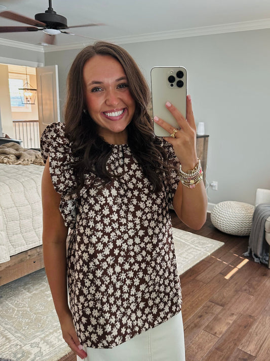 The Darci Brown Floral Ruffle Sleeve Top