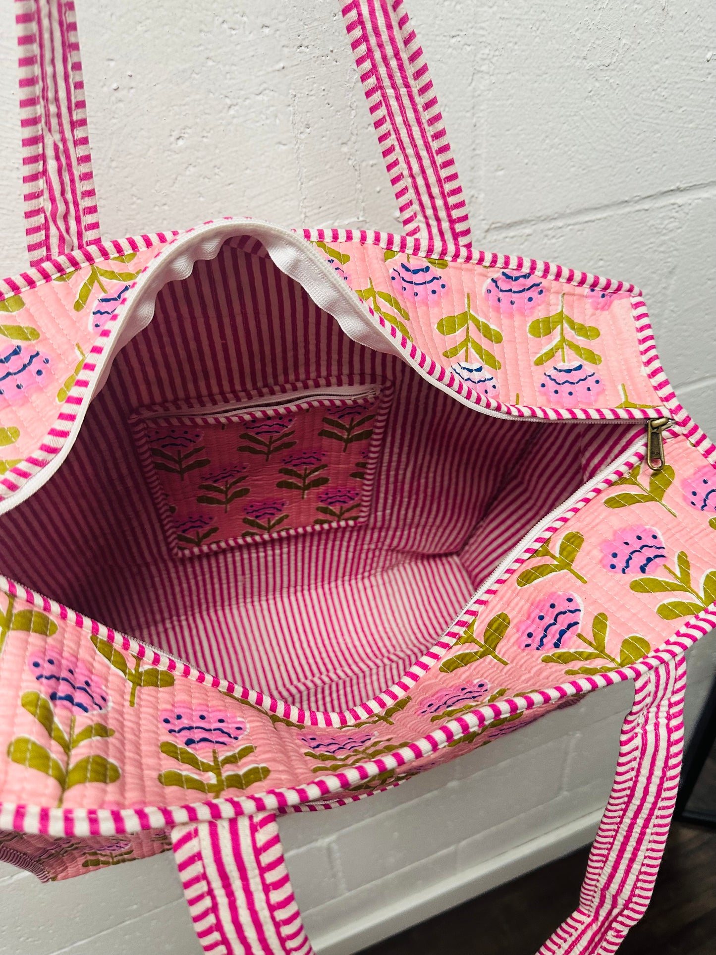 The Pink + Green Floral Quilted Tote Bag