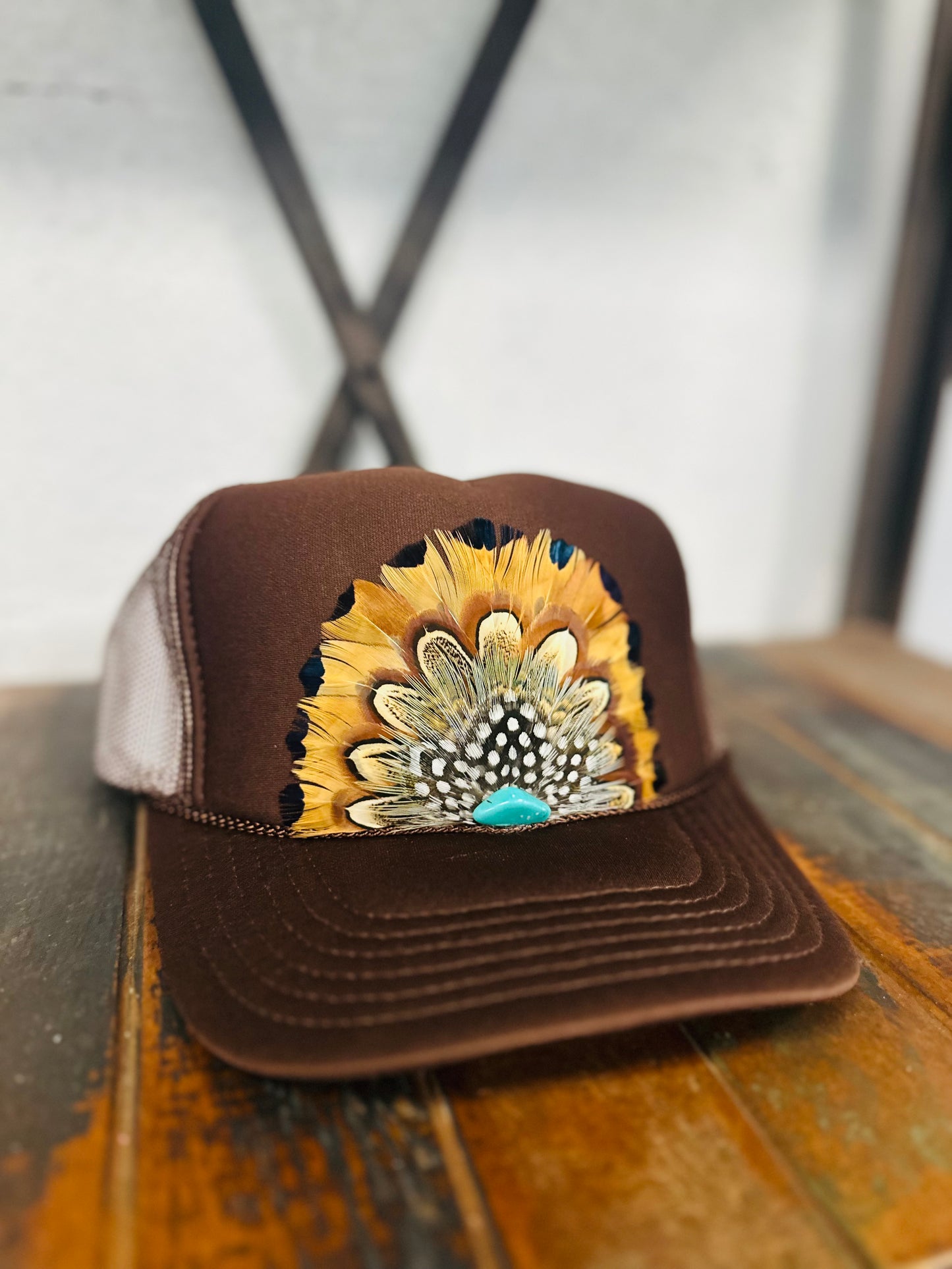 Brown Feather + Turquoise Stone Trucker Hat