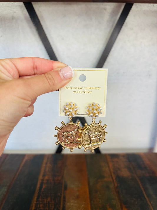 Gold Horse Coin & Pearl Drop Earrings