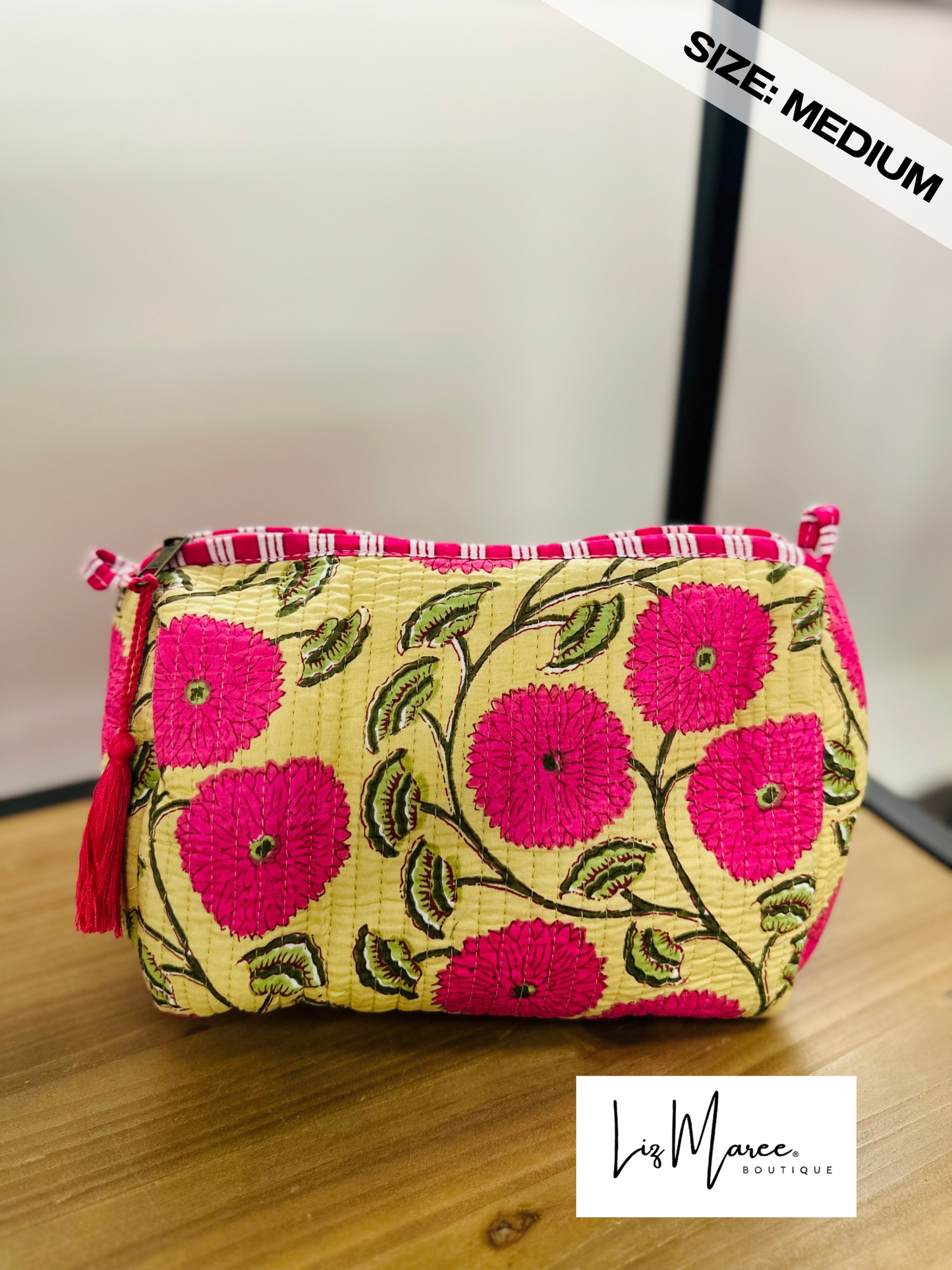 The Pink + Green Floral Quilted Cosmetic Bags - Set of 3