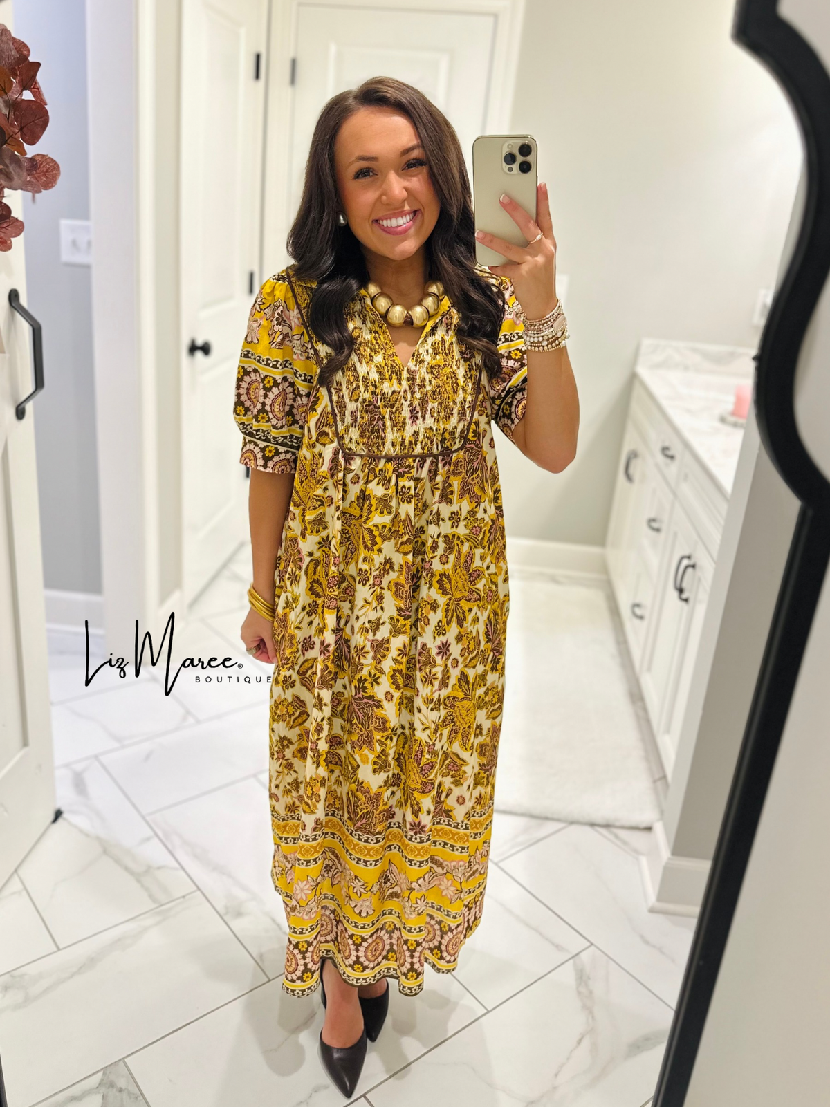 The Phoebe Golden Yellow Floral Midi Dress