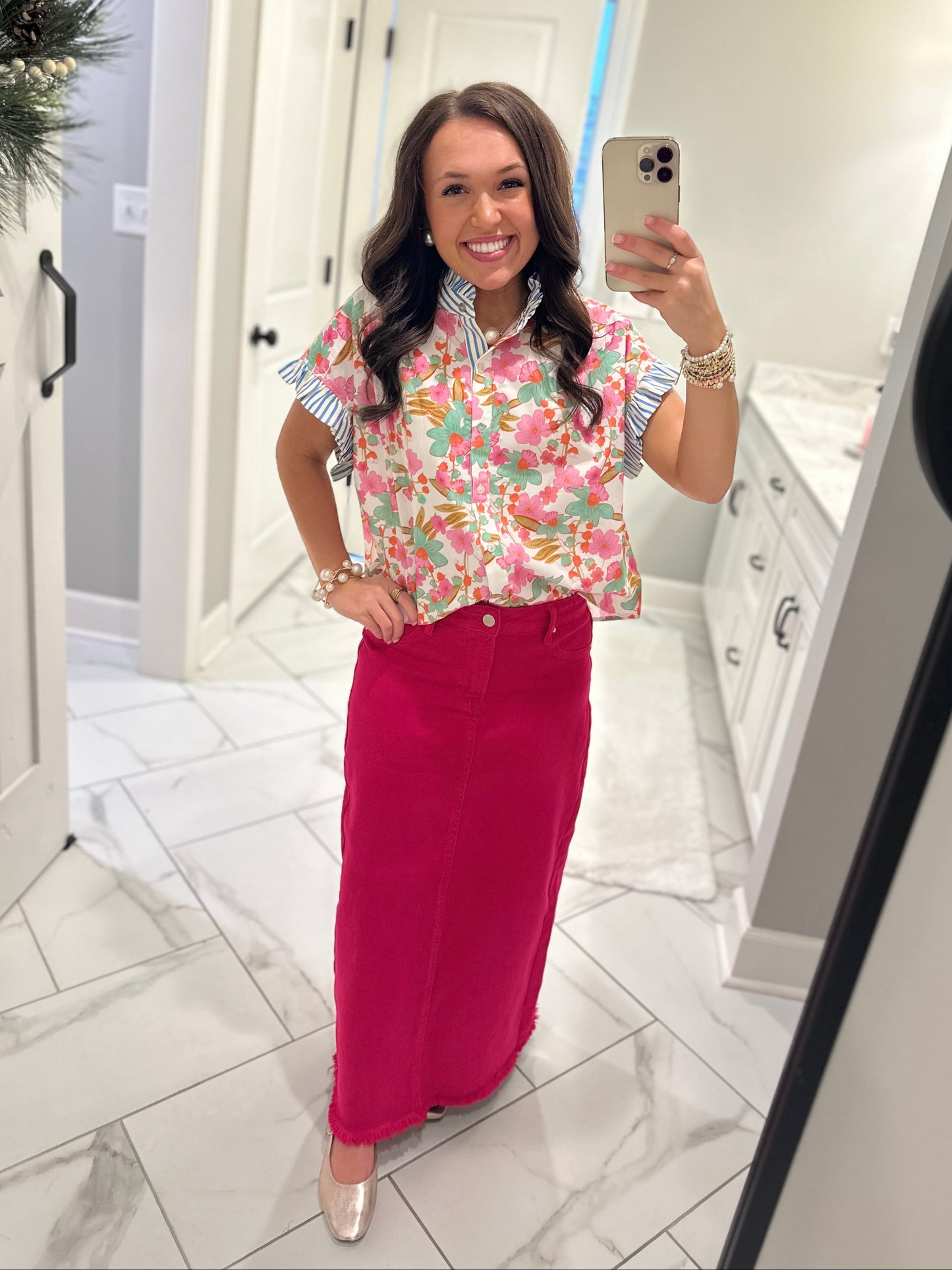 The High Rise Fuchsia Frayed Long Denim Skirt