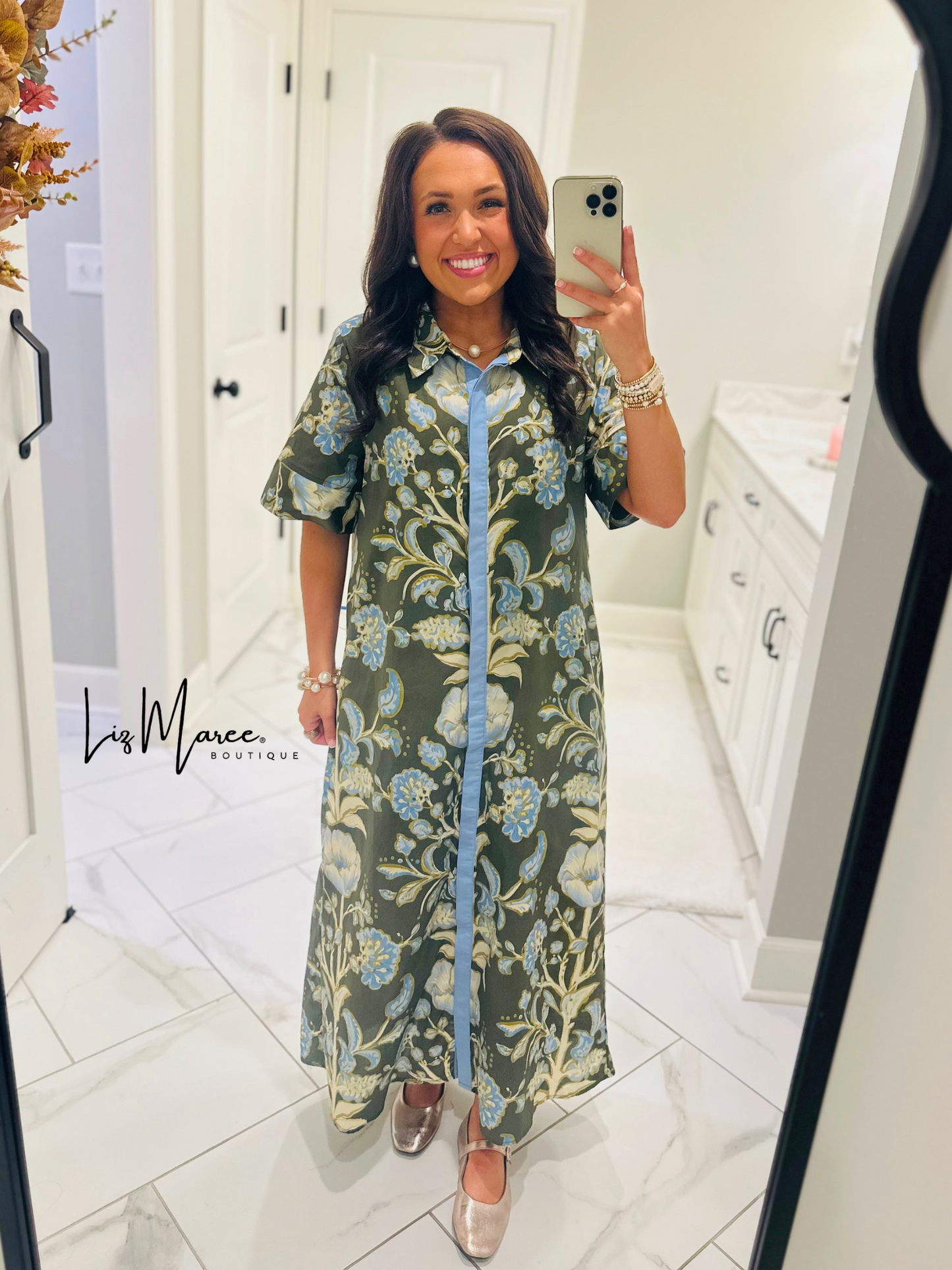 The Evie Olive Green + Blue Floral Midi Dress
