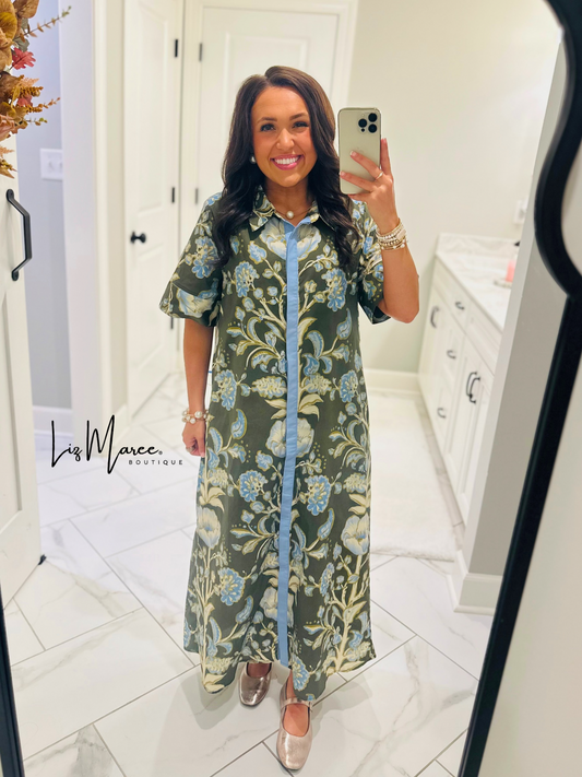 The Evie Olive Green + Blue Floral Midi Dress