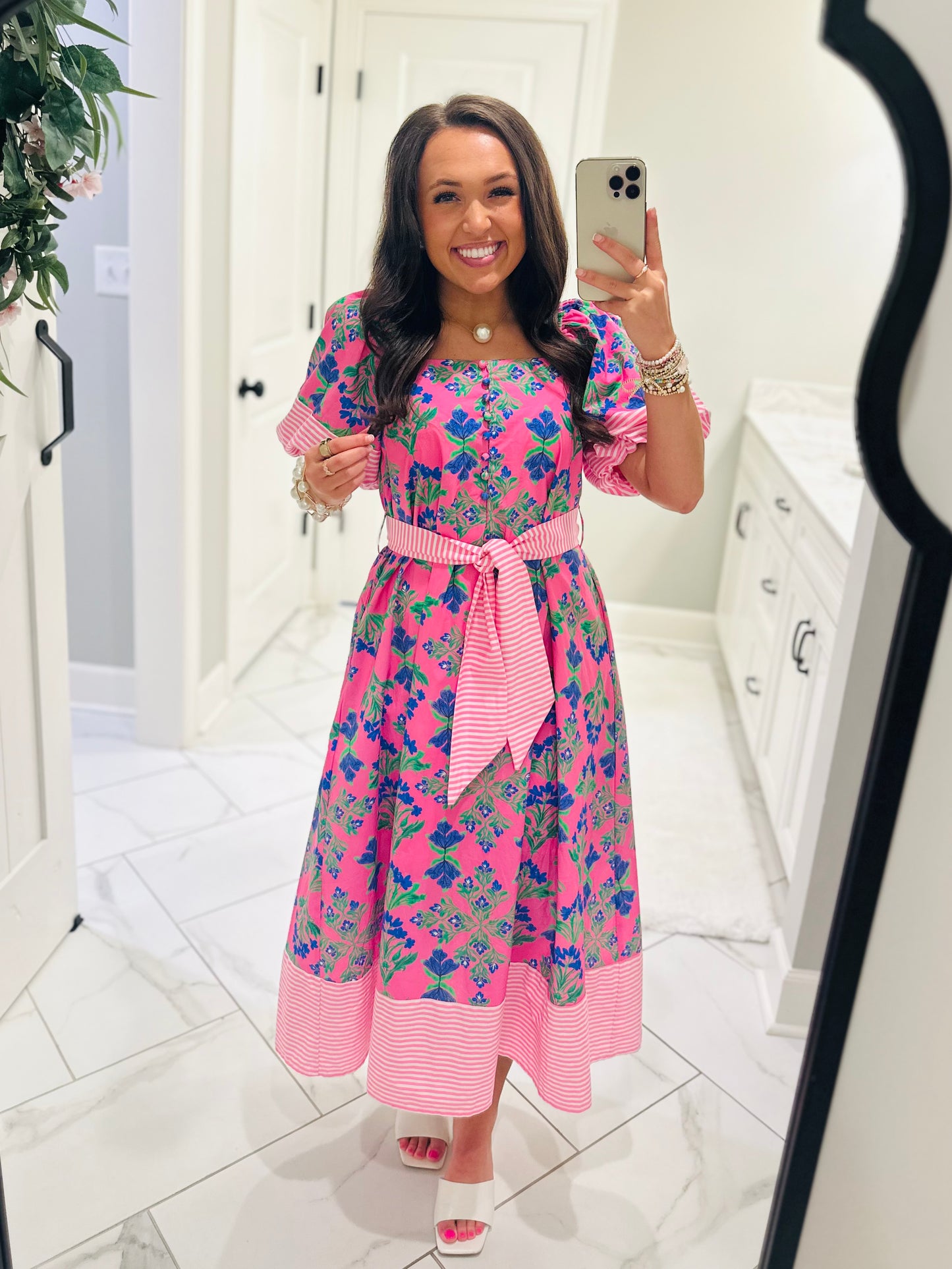 The Harlee Pink Botanical Midi Dress