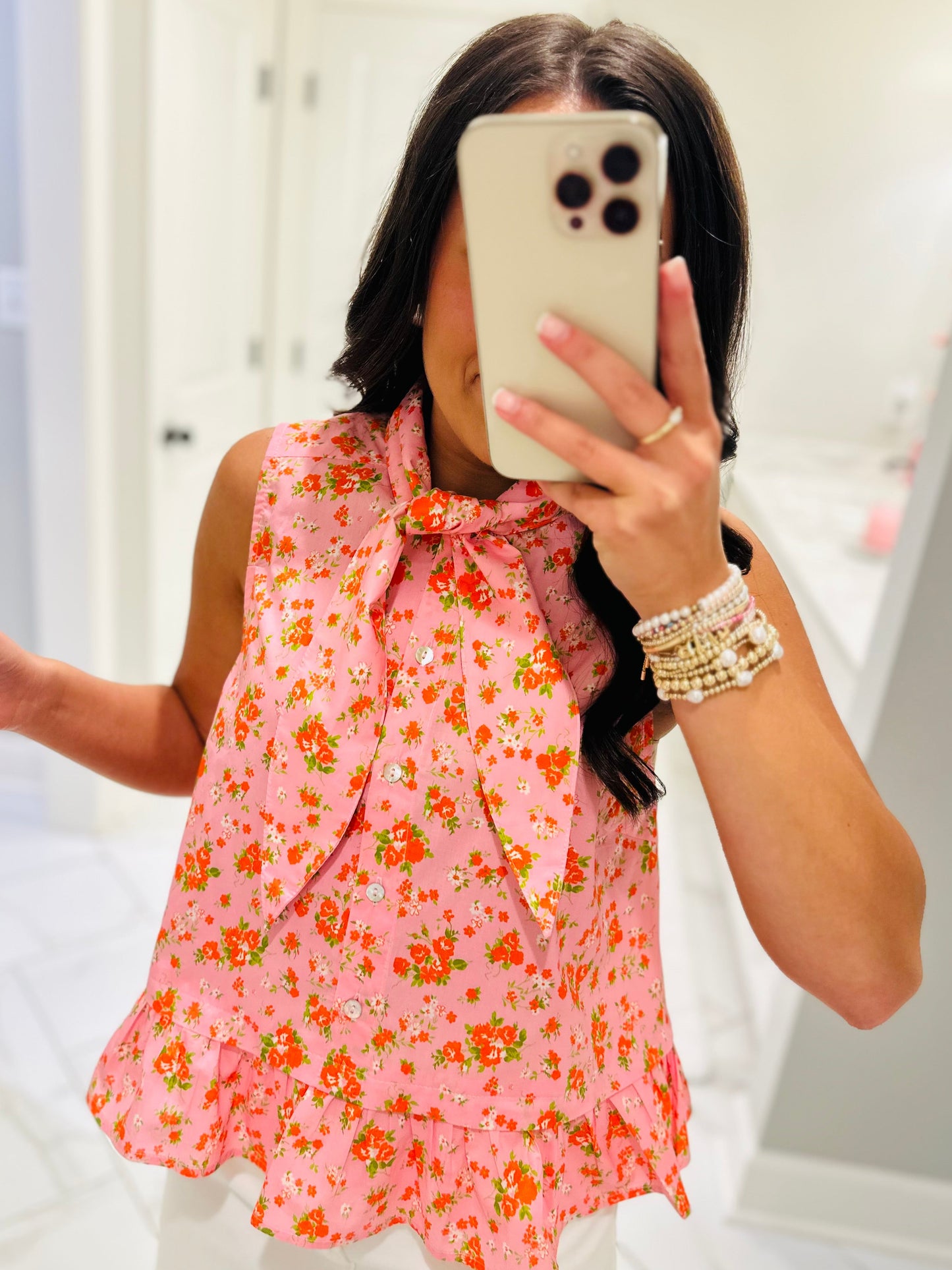 The Jane Pink Floral Bow Top