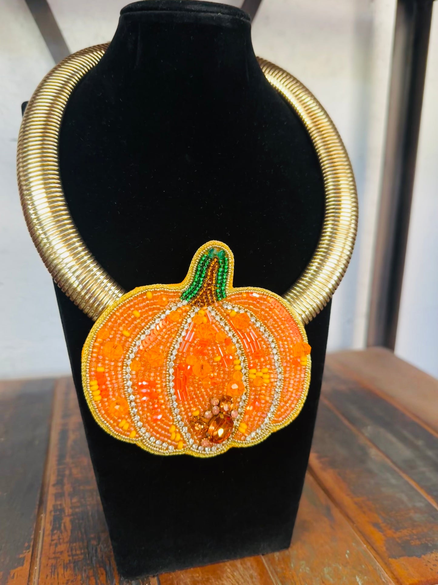 Orange Beaded Pumpkin Collar Necklace
