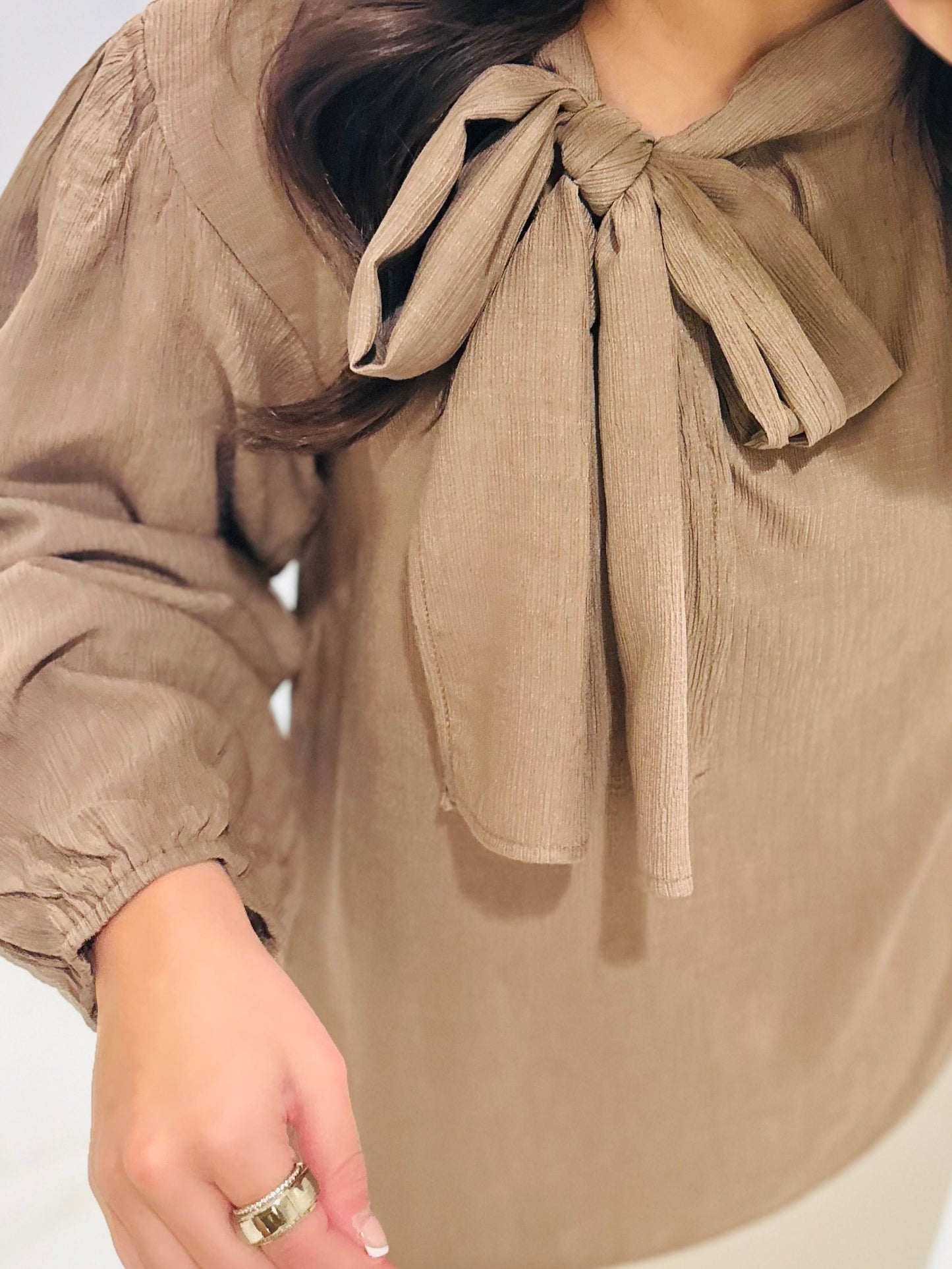 The Lorie Coco Brown Long Sleeve Bow Top
