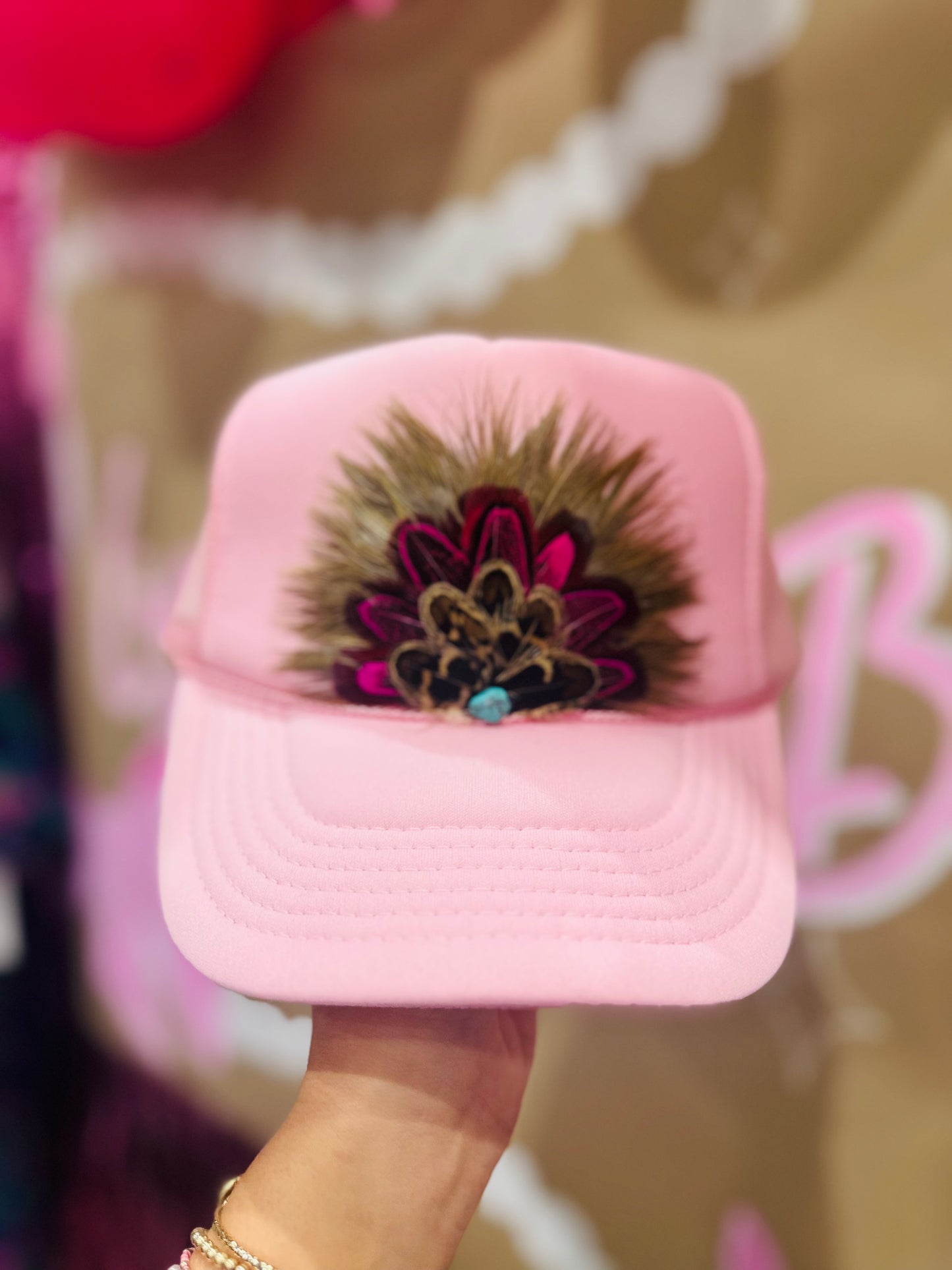 Baby Pink Feather Trucker Hat