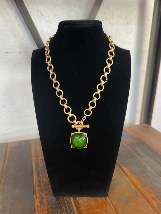 Dark Green Square Stone Pendant Necklace