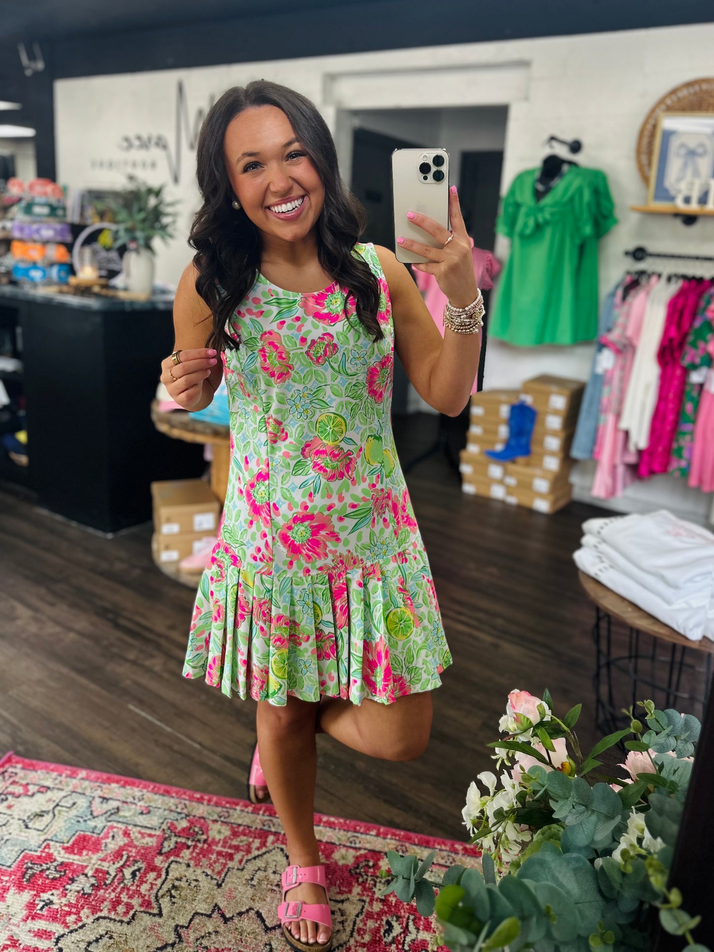 The Sunlee Pink Floral Pleated Dress