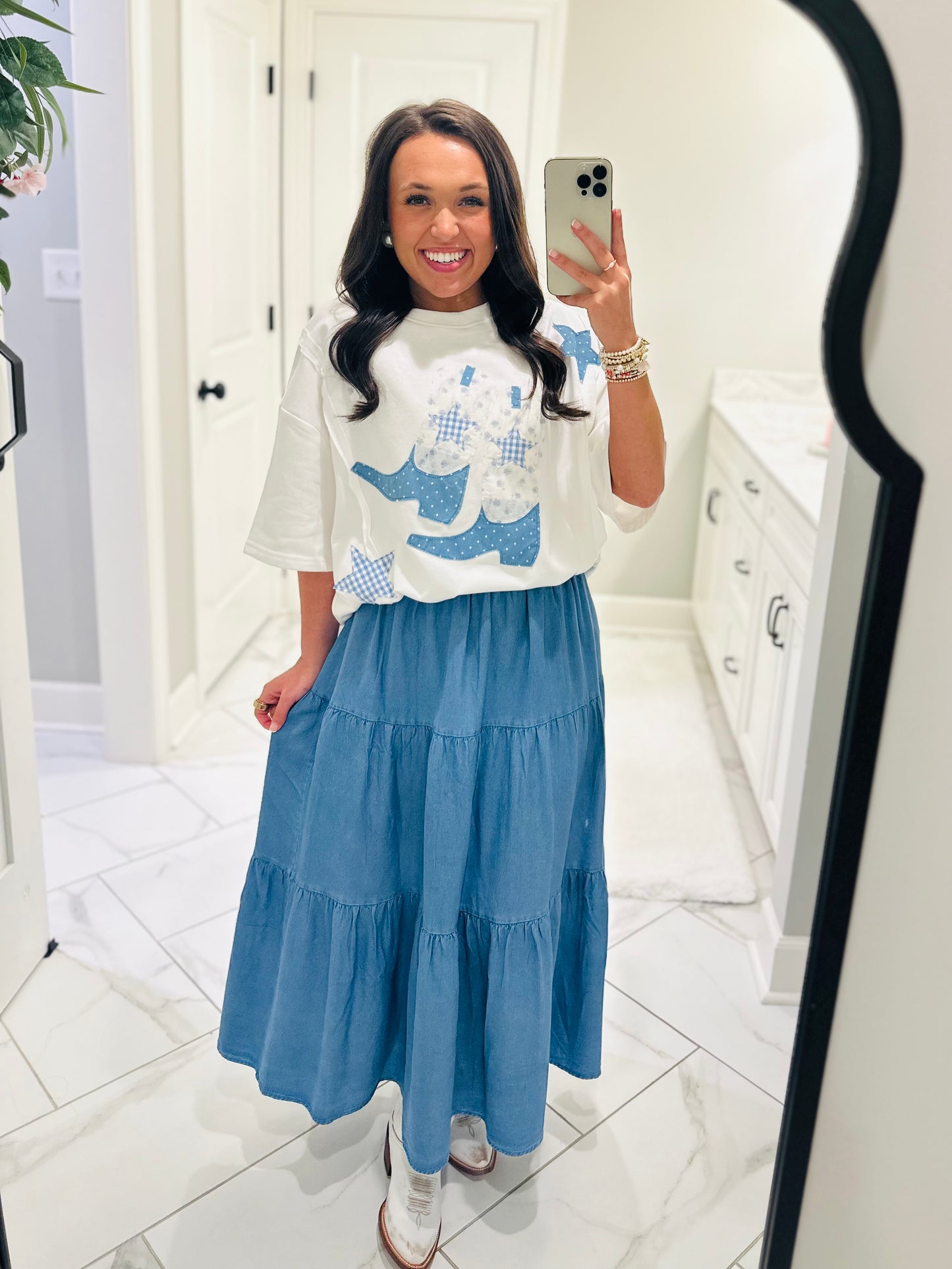 The Light Wash Denim Chambray Tiered Maxi Skirt