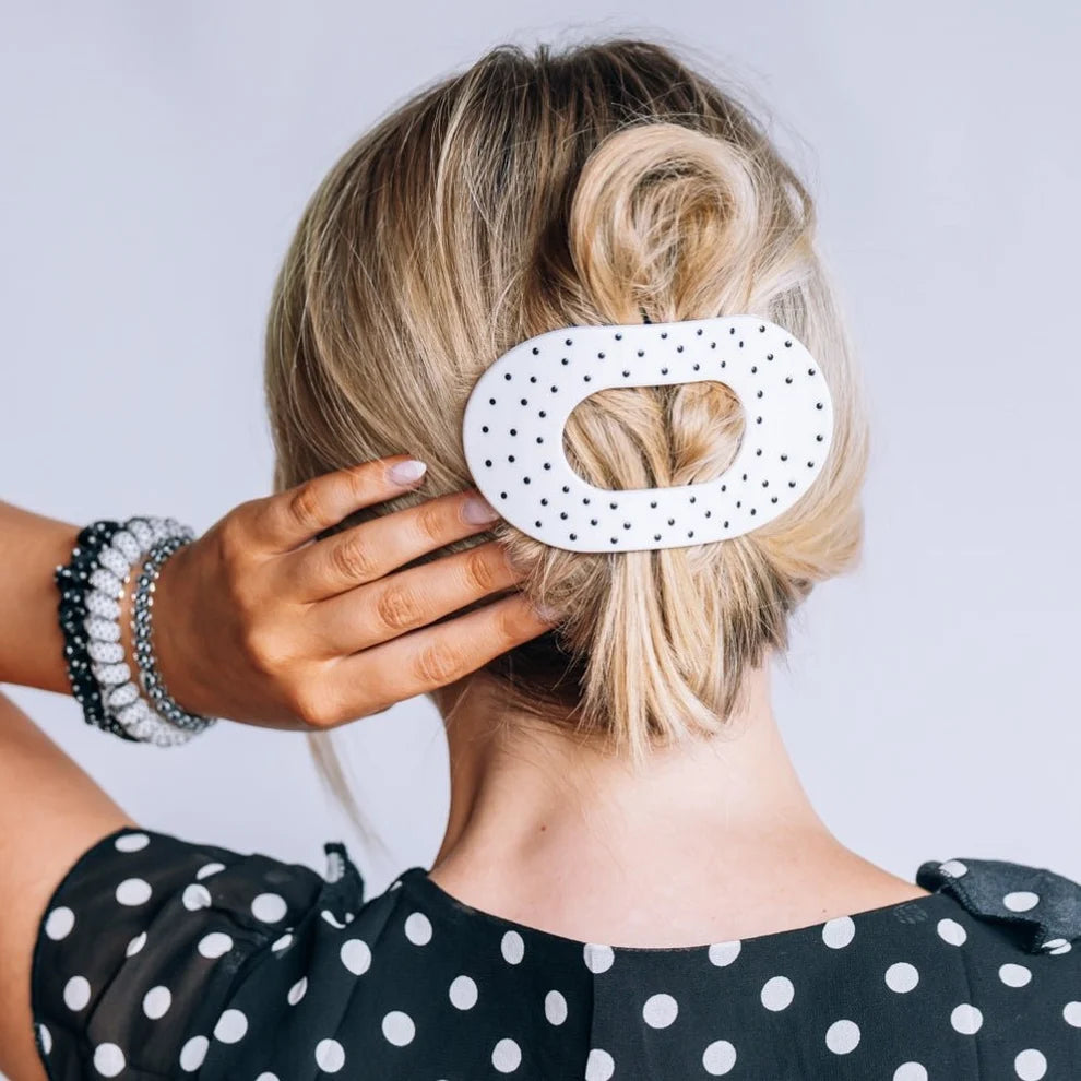 White Polka Dot Party Flat Round Hair Clip
