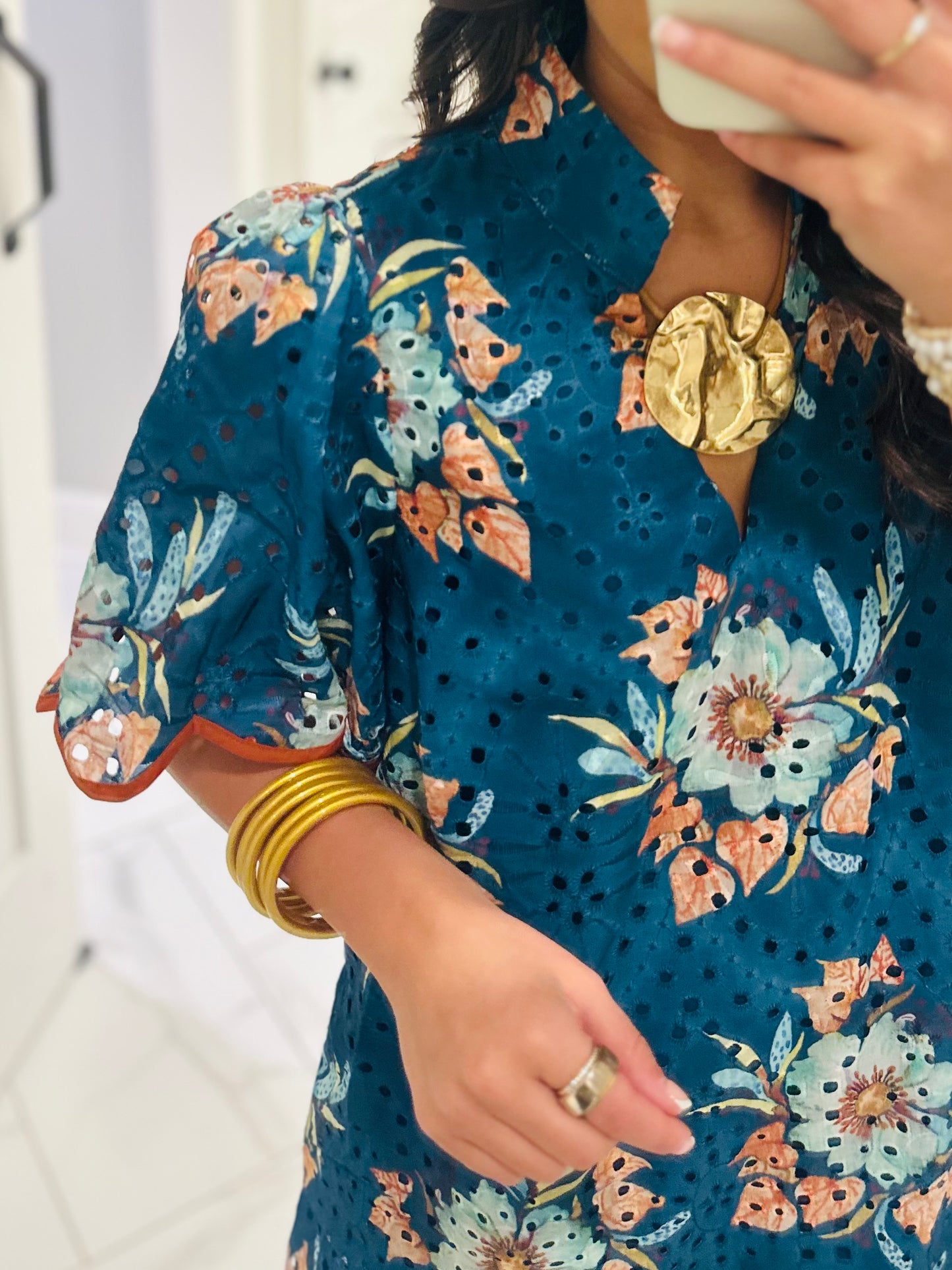 The Brinley Teal Green Floral Eyelet Scallop Dress