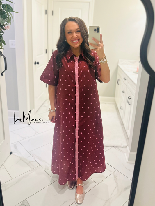 The Ruth Burgundy + Pink Polka Dot Midi Dress