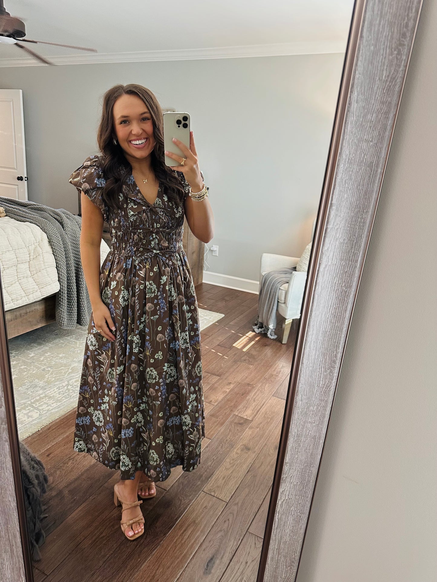 The Stella Brown Floral Bow Front Midi Dress