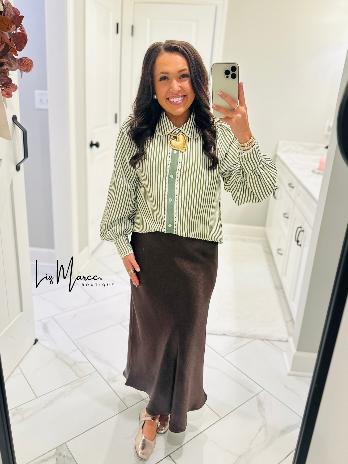 The Kathy Olive Green Striped Scallop Top