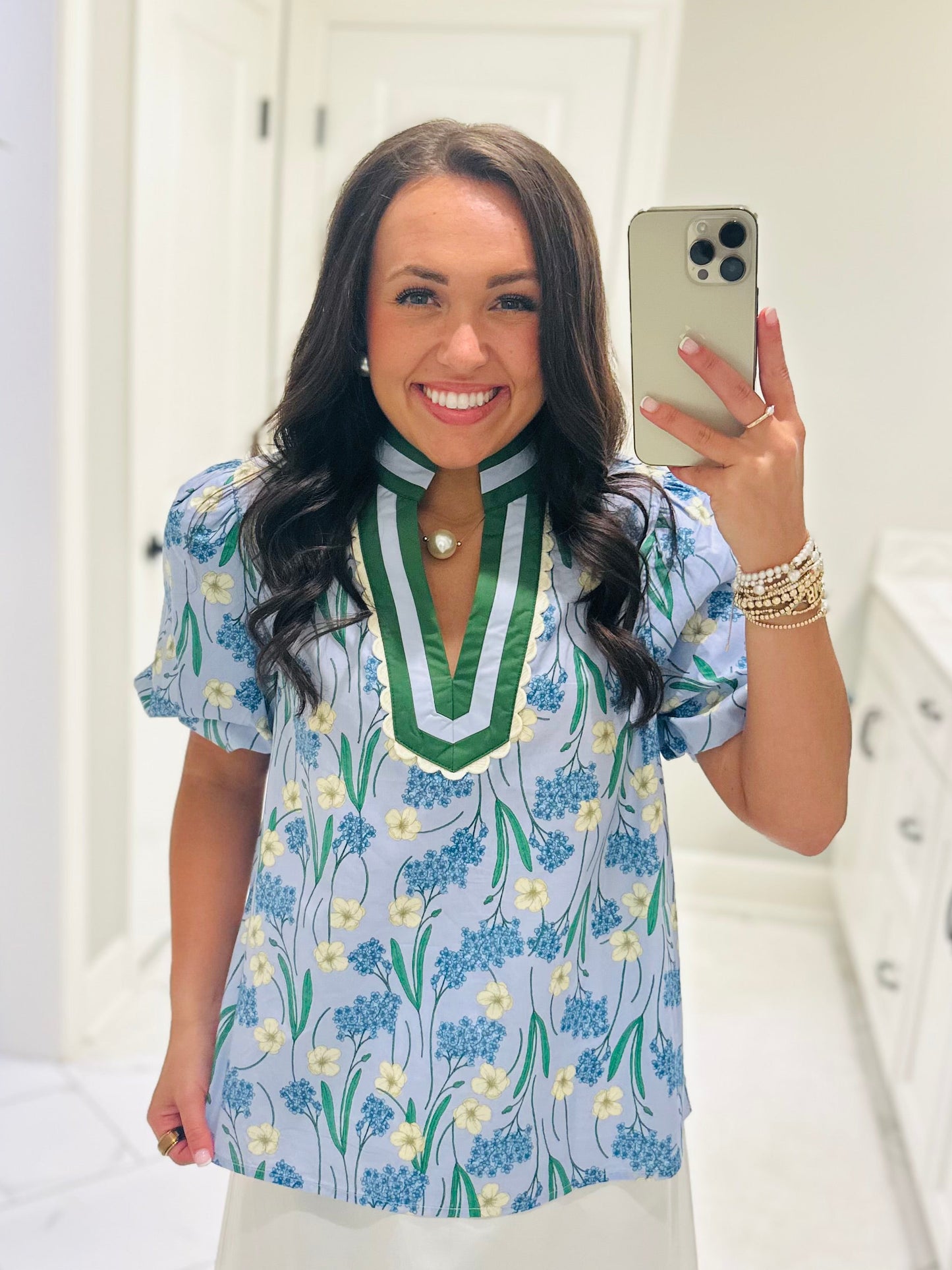 The Poppy Blue Floral Scallop Trim Top