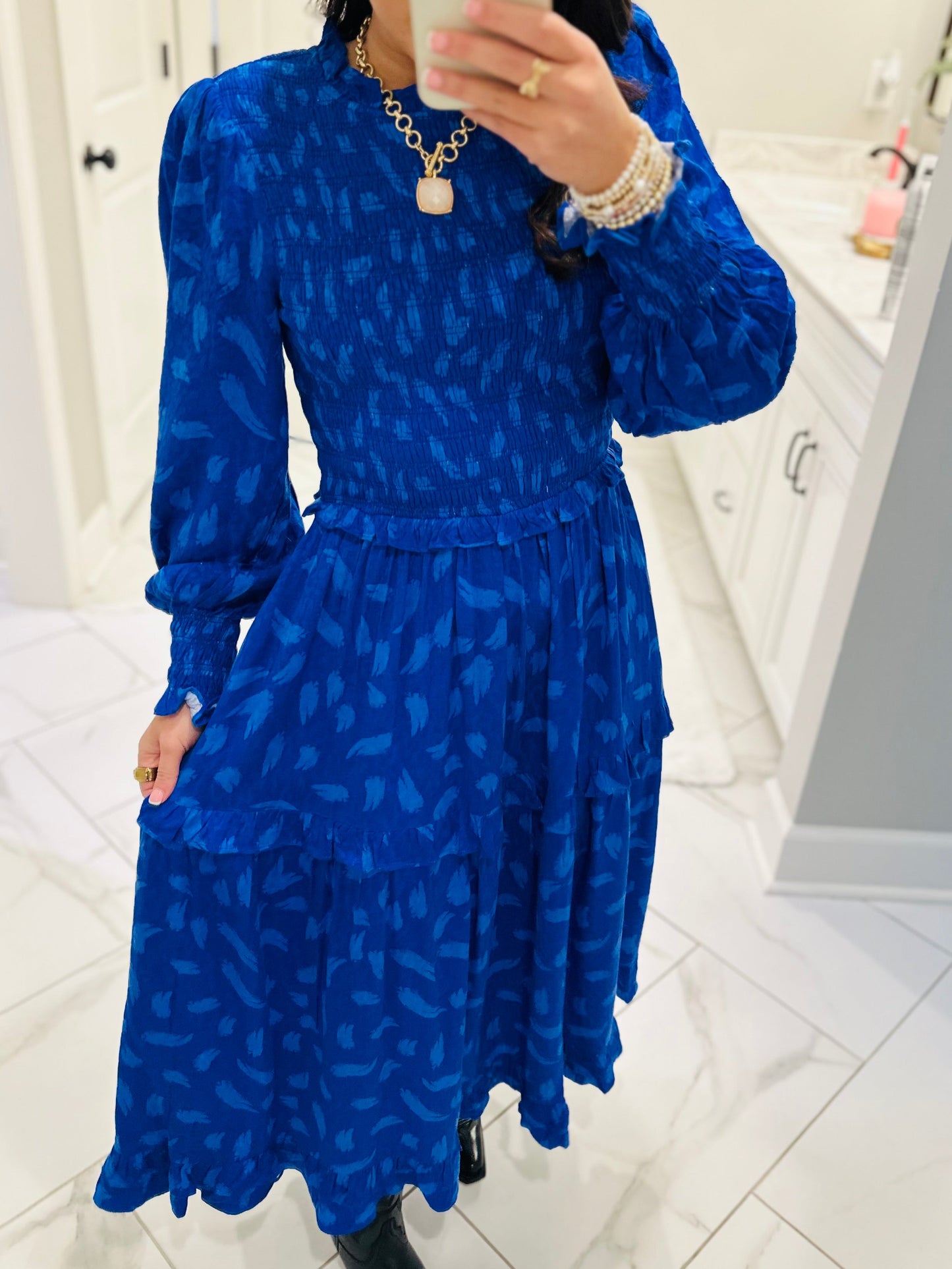 The Darya Cobalt Blue Smocked Midi Dress