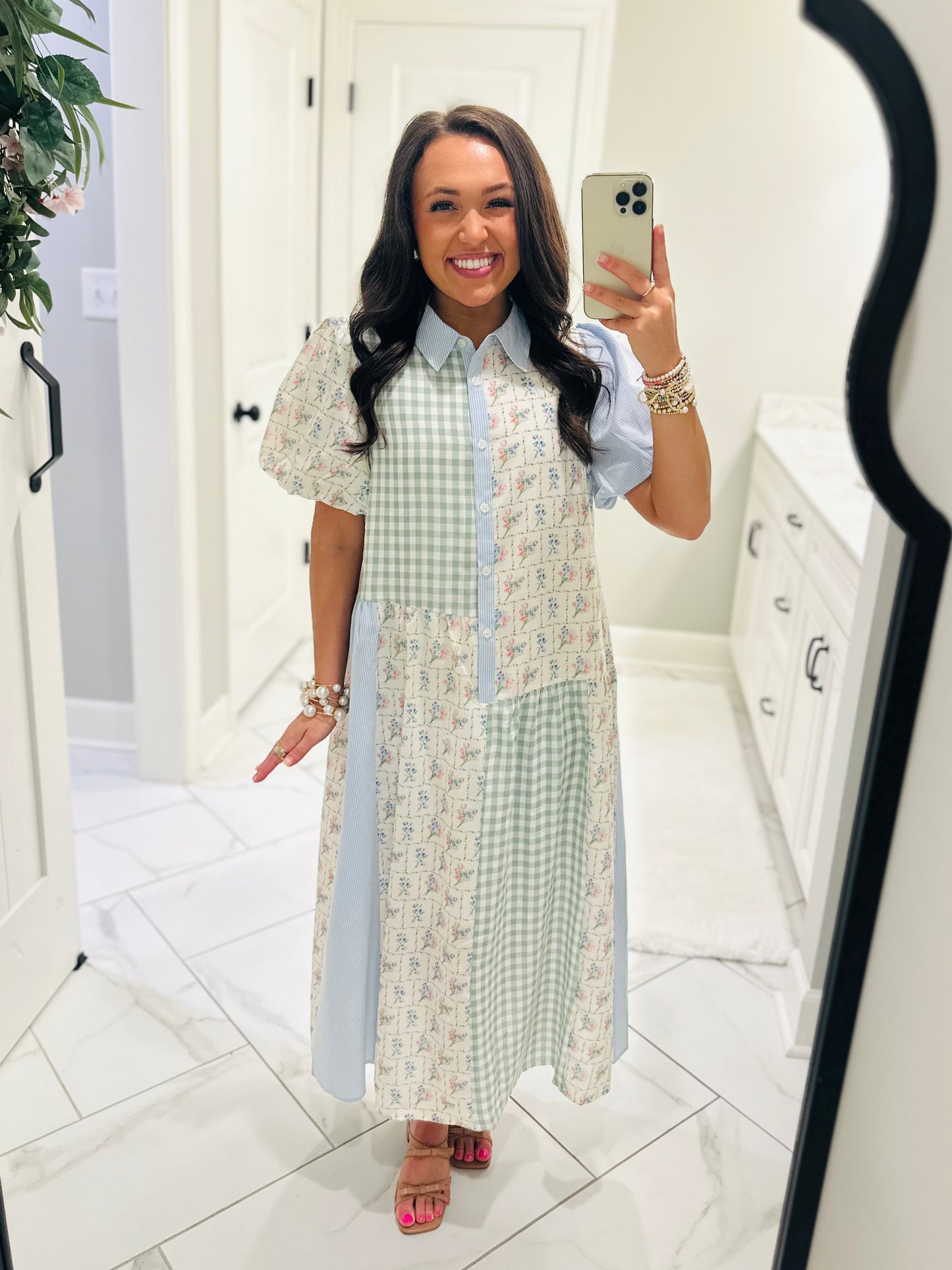 The Mae Blue + Mint Patchwork Midi Dress