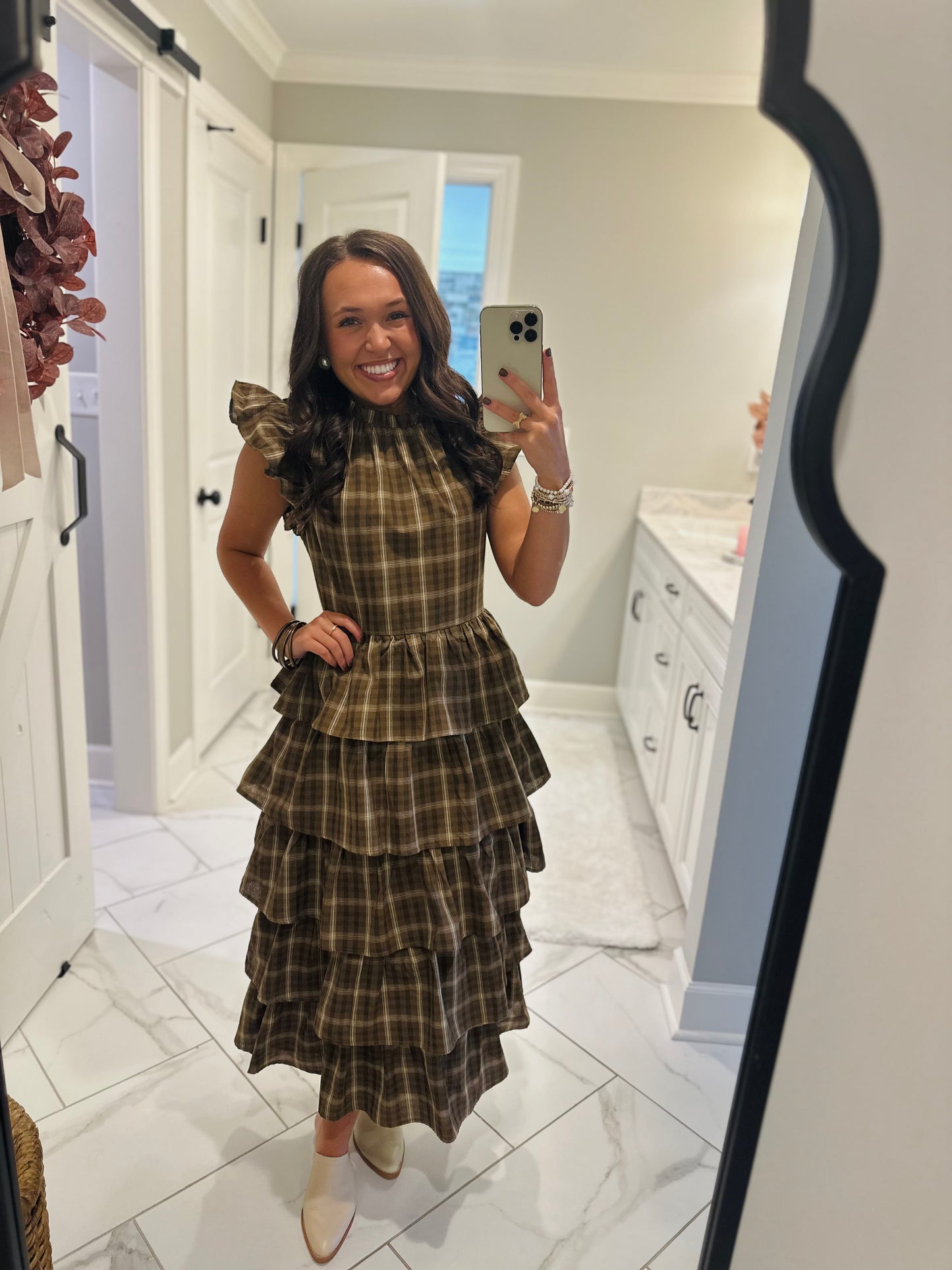 The Timber Brown Plaid Ruffle Tiered Midi Dress