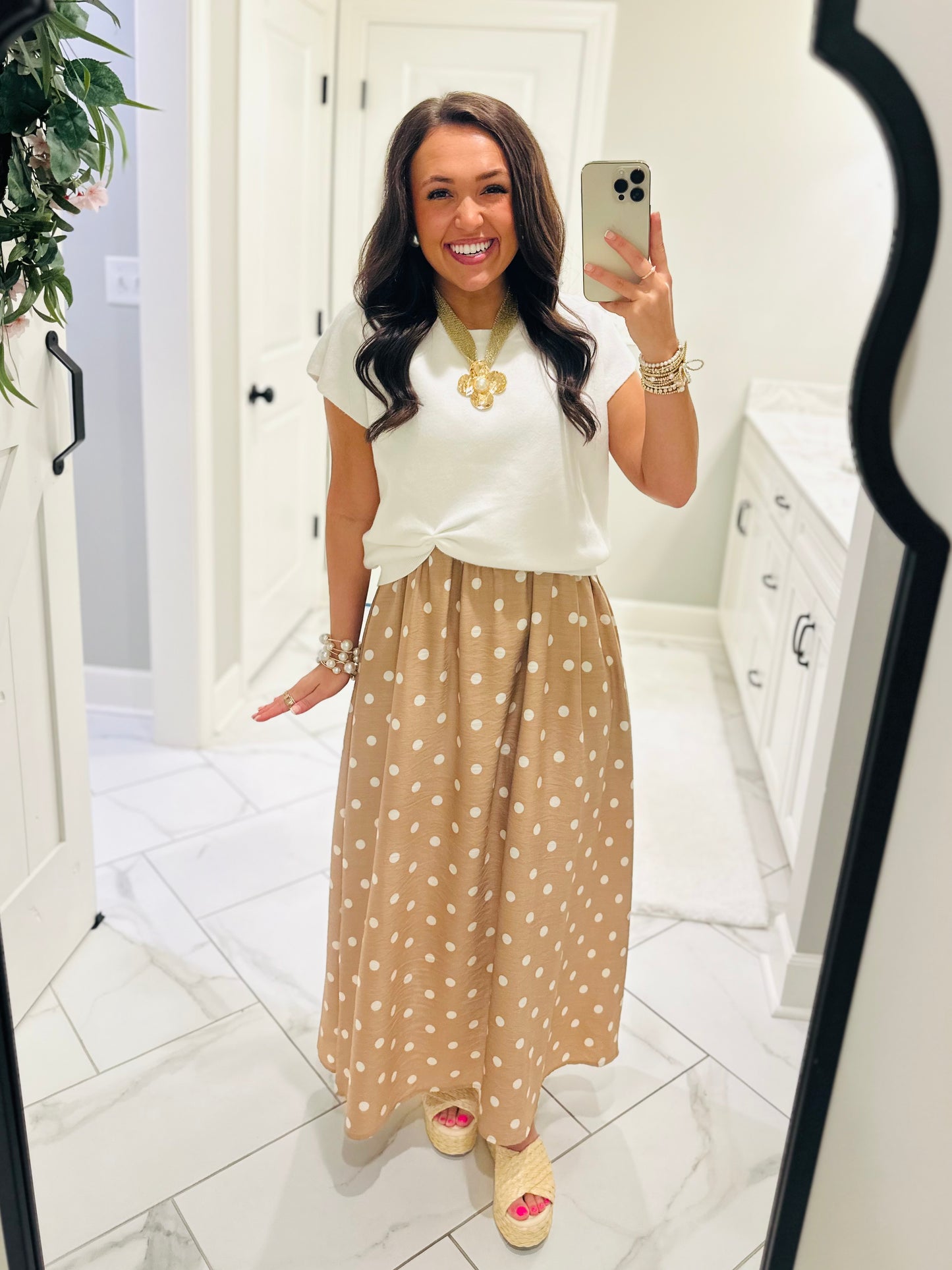 The Lennon Cream Tan Layered Polka Dot Midi Dress