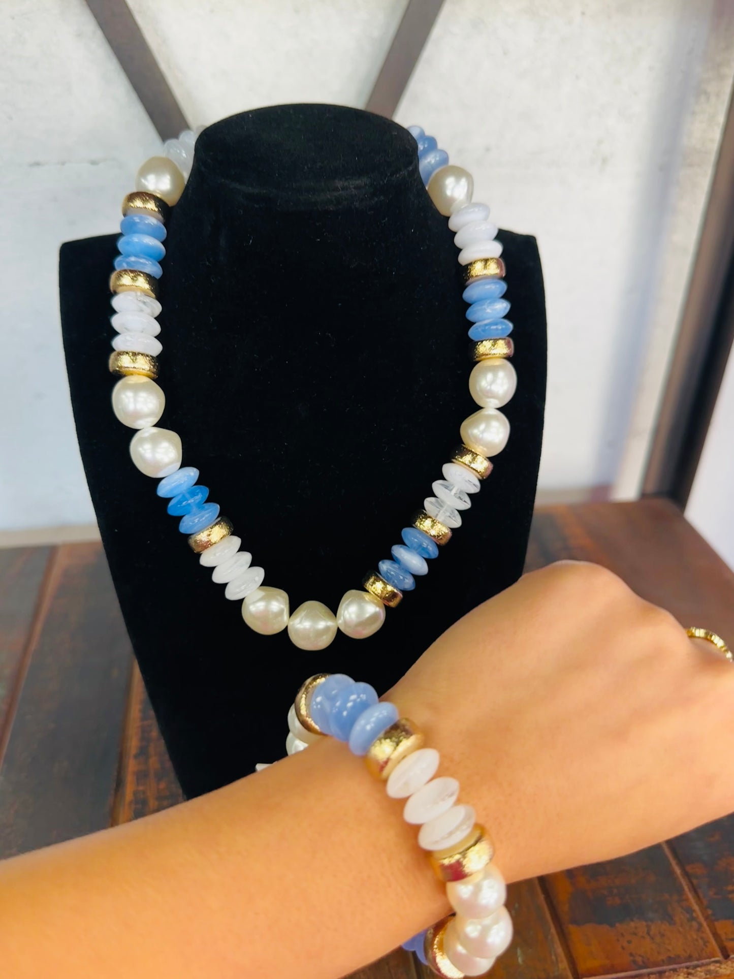 Blue + Gold Pearl Bead Necklace
