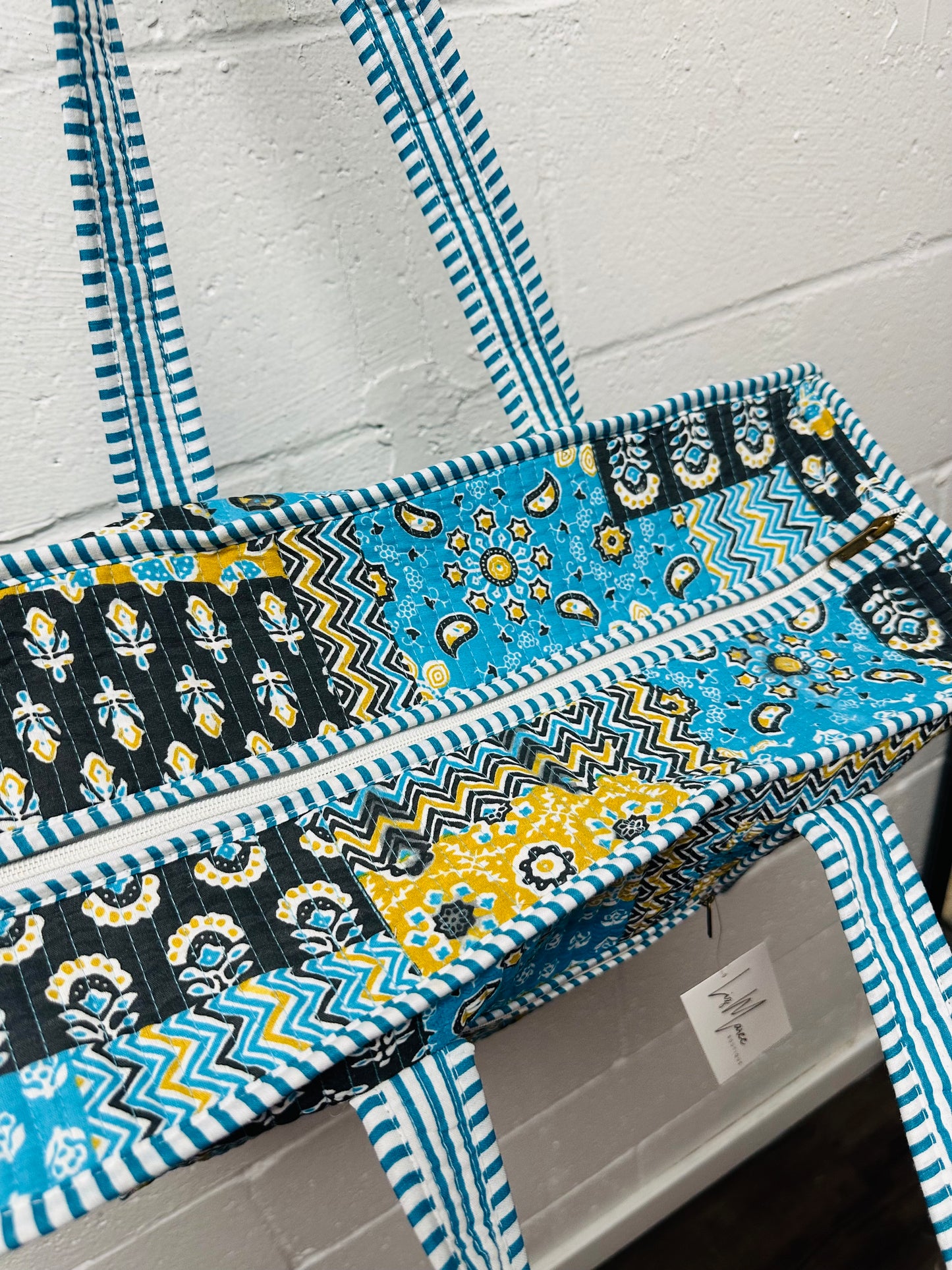 The Blue + Black Multi Pattern Quilted Tote Bag