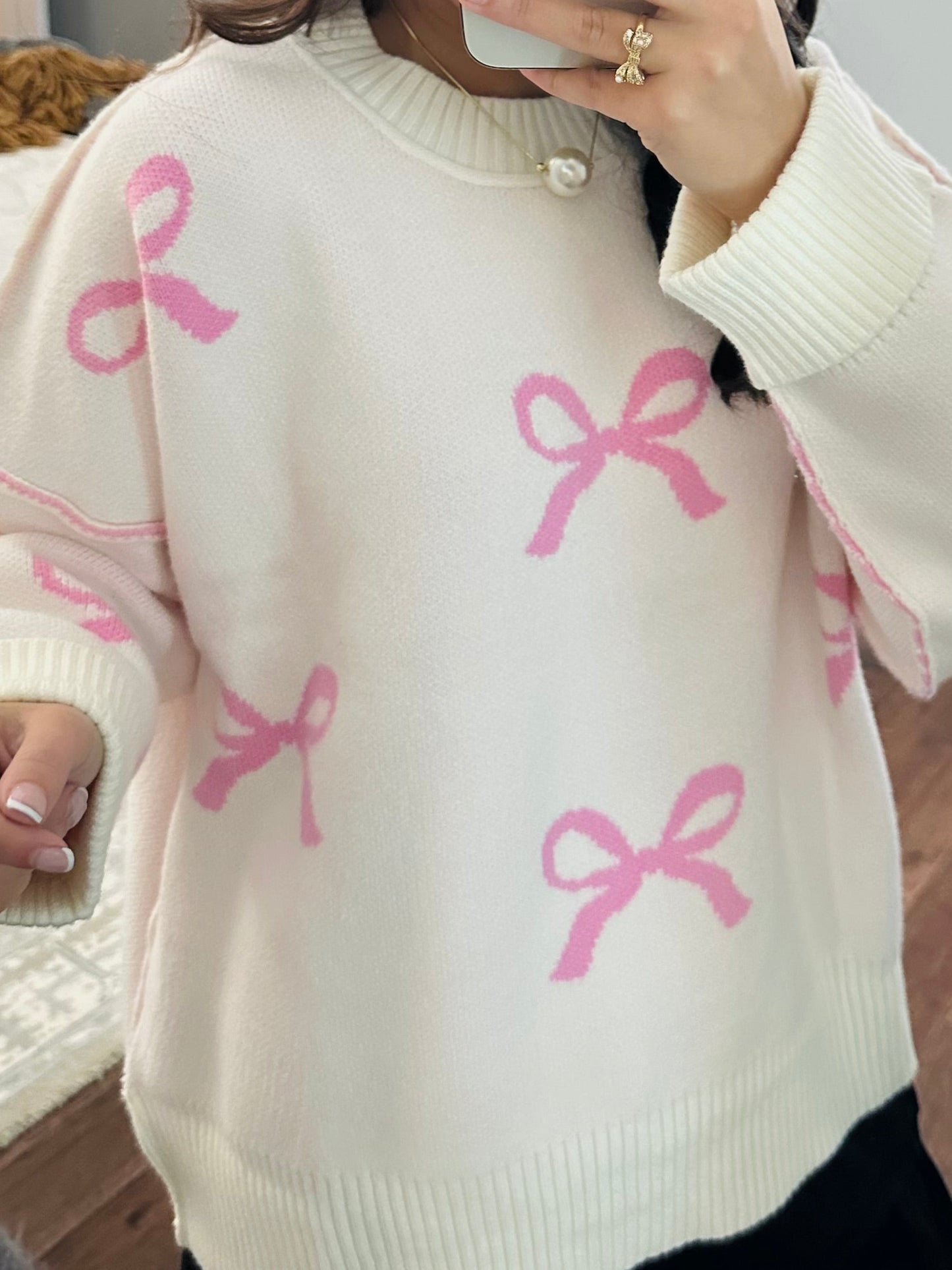 The Grace Pink + Cream Bow Sweater