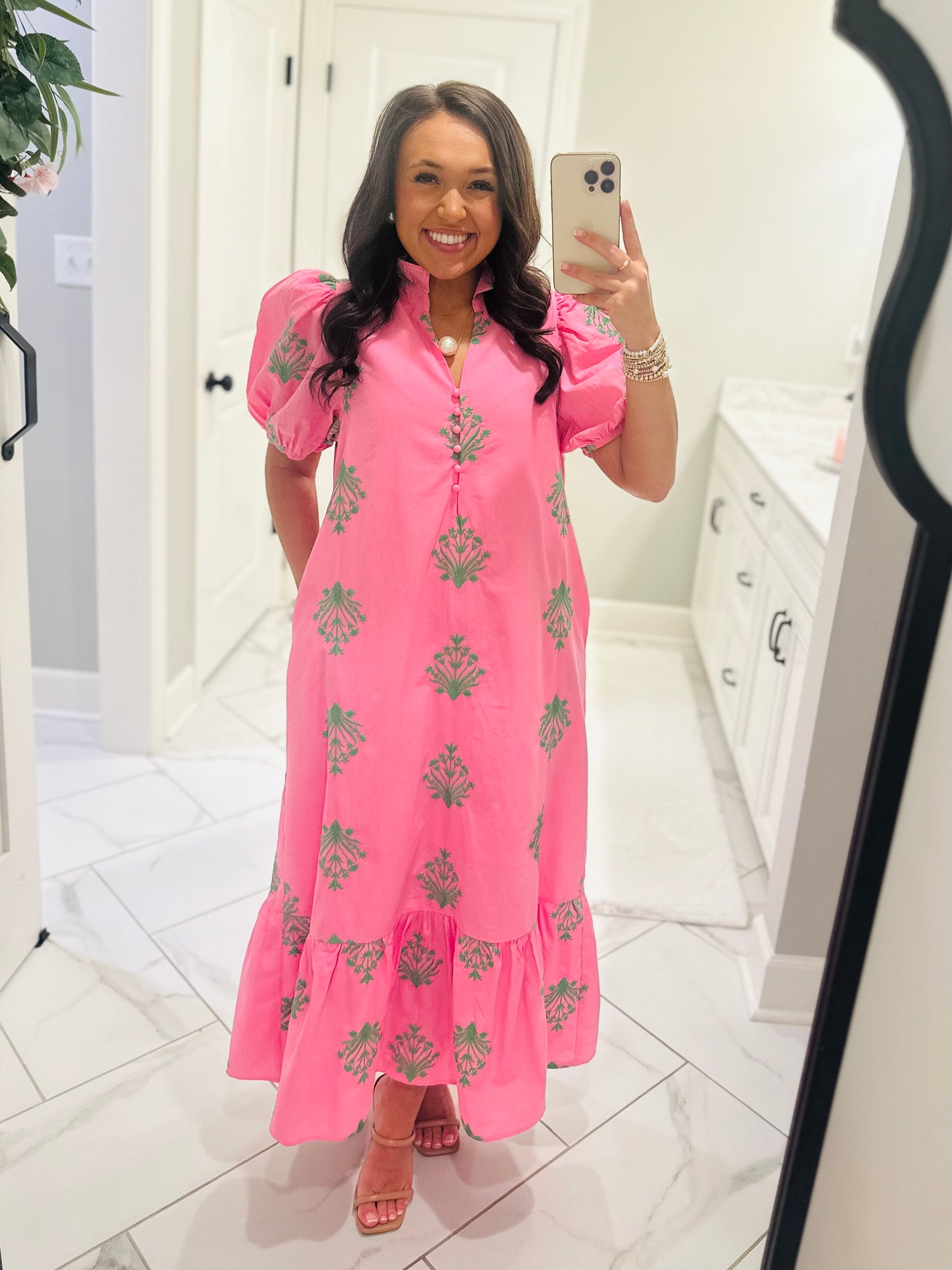 The Nola Pink + Green Botanical Embroidered Midi Dress
