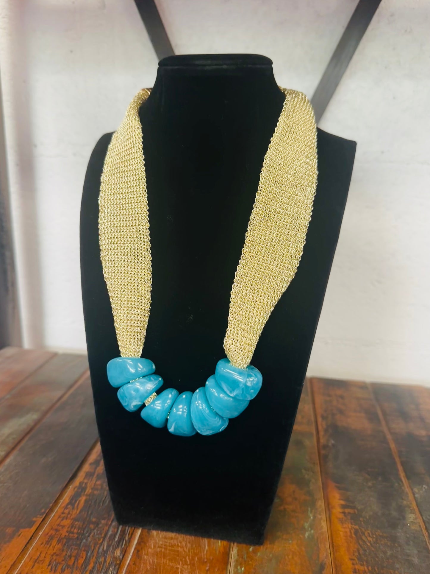Turquoise + Gold Mesh Fabric Statement Necklace