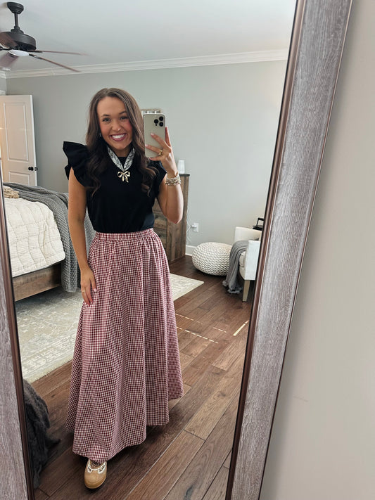 The Flynn Crimson Gingham Maxi Skirt