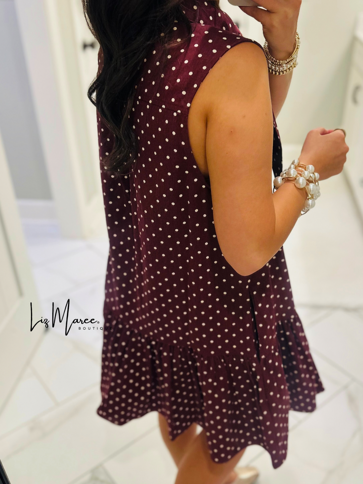 The Stella Burgundy Polka Dot Denim Dress