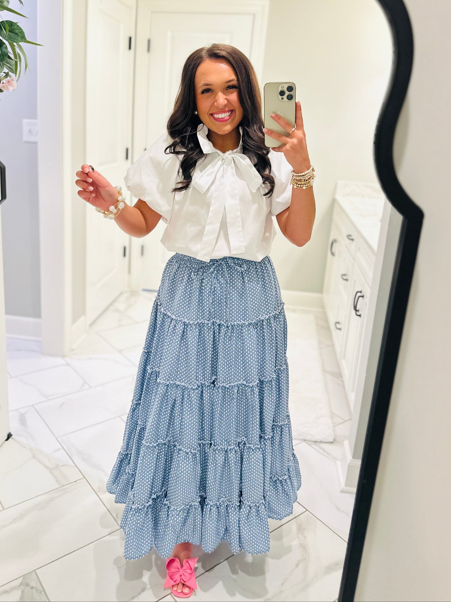 The Shelby Denim Polka Dot Maxi Skirt