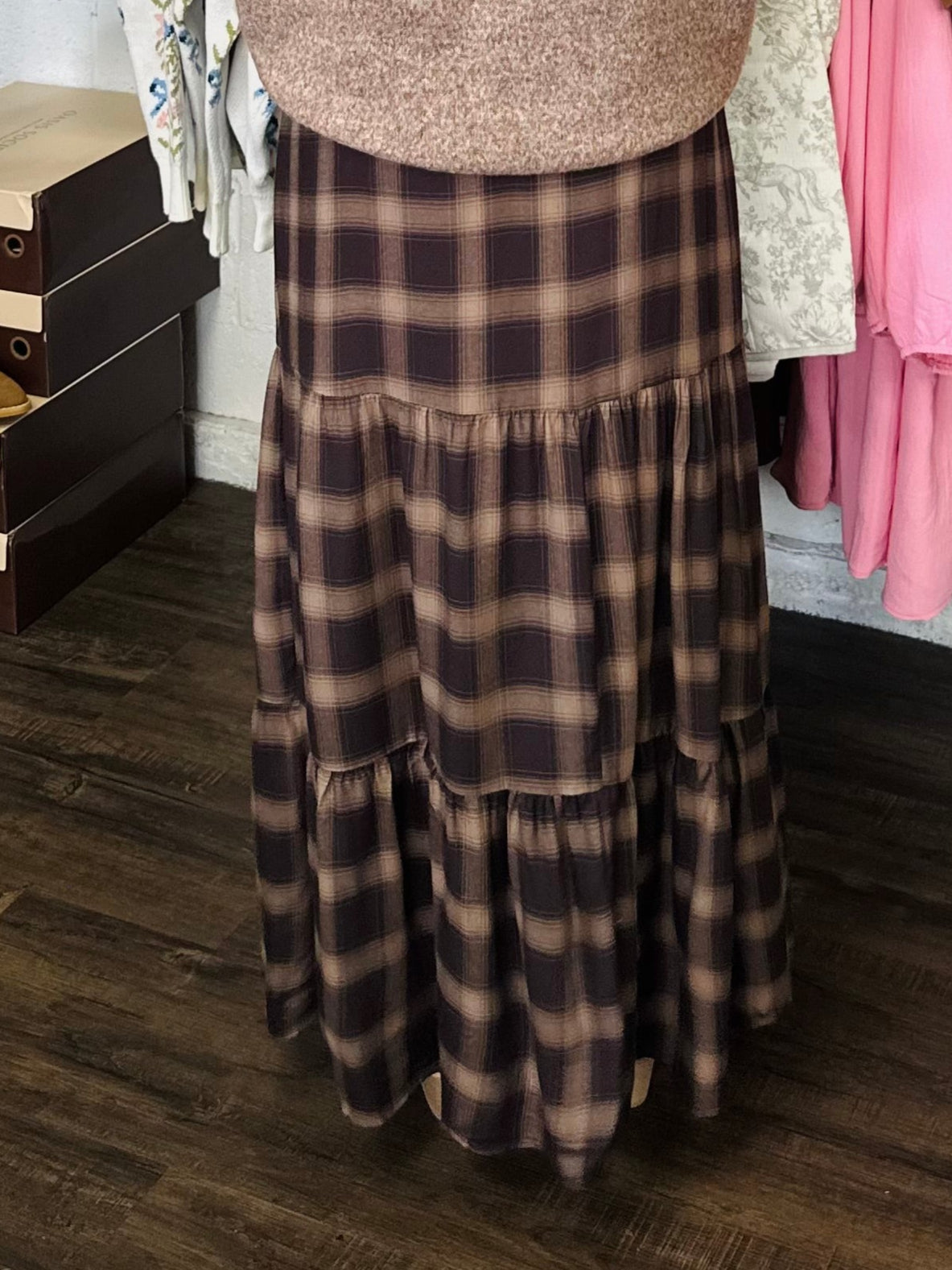 The Ember Brown Plaid Tiered Maxi Skirt