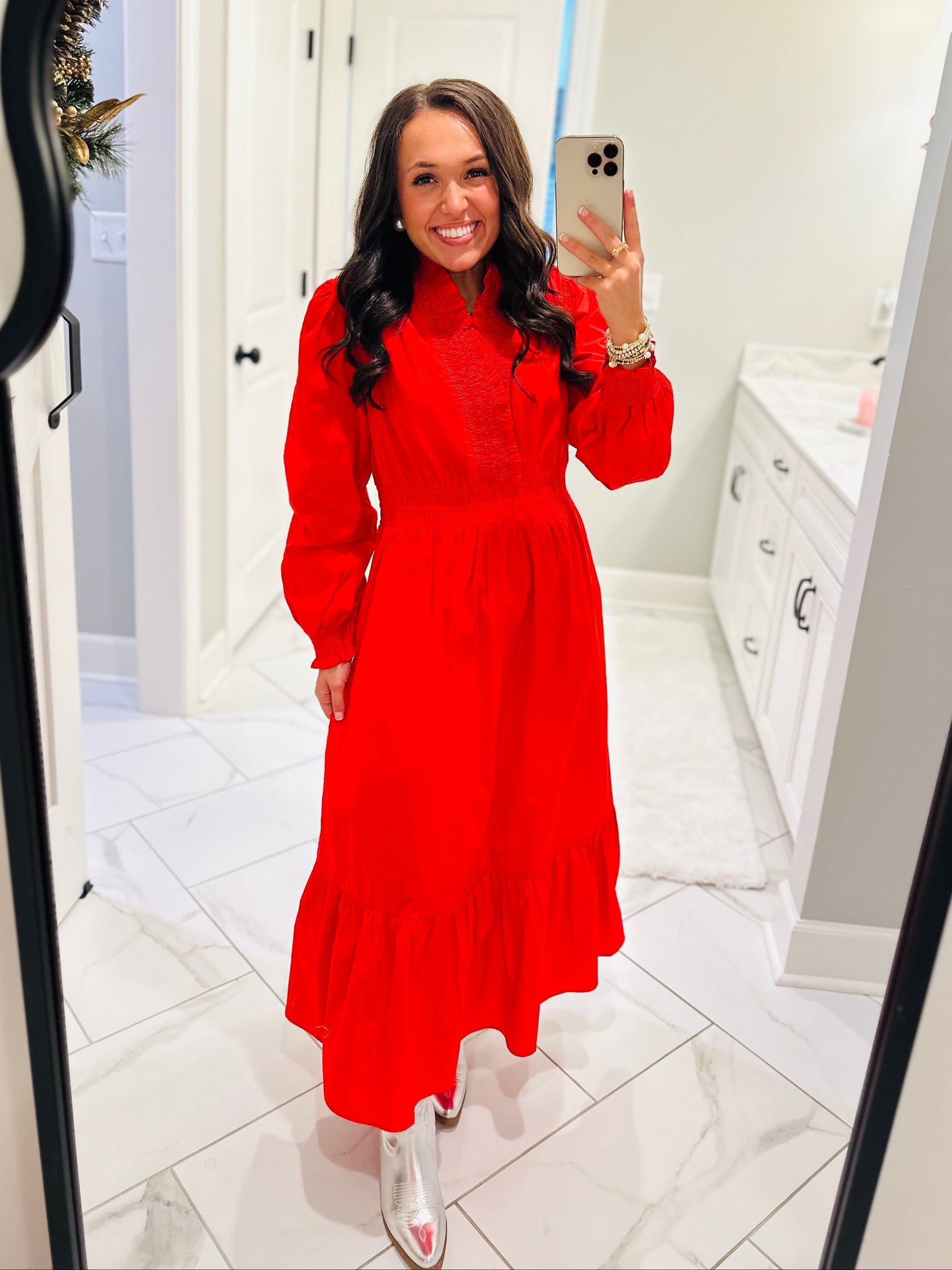 The Rudy Red Long Sleeve Midi Dress
