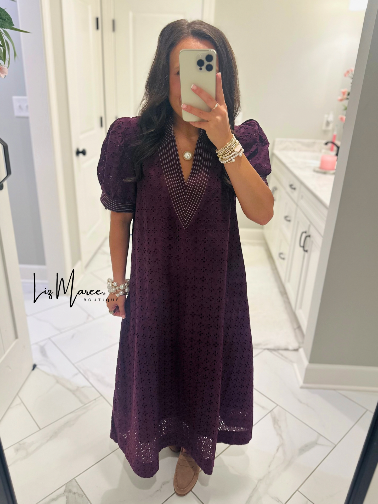 The Adley Merlot Eyelet Midi Dress