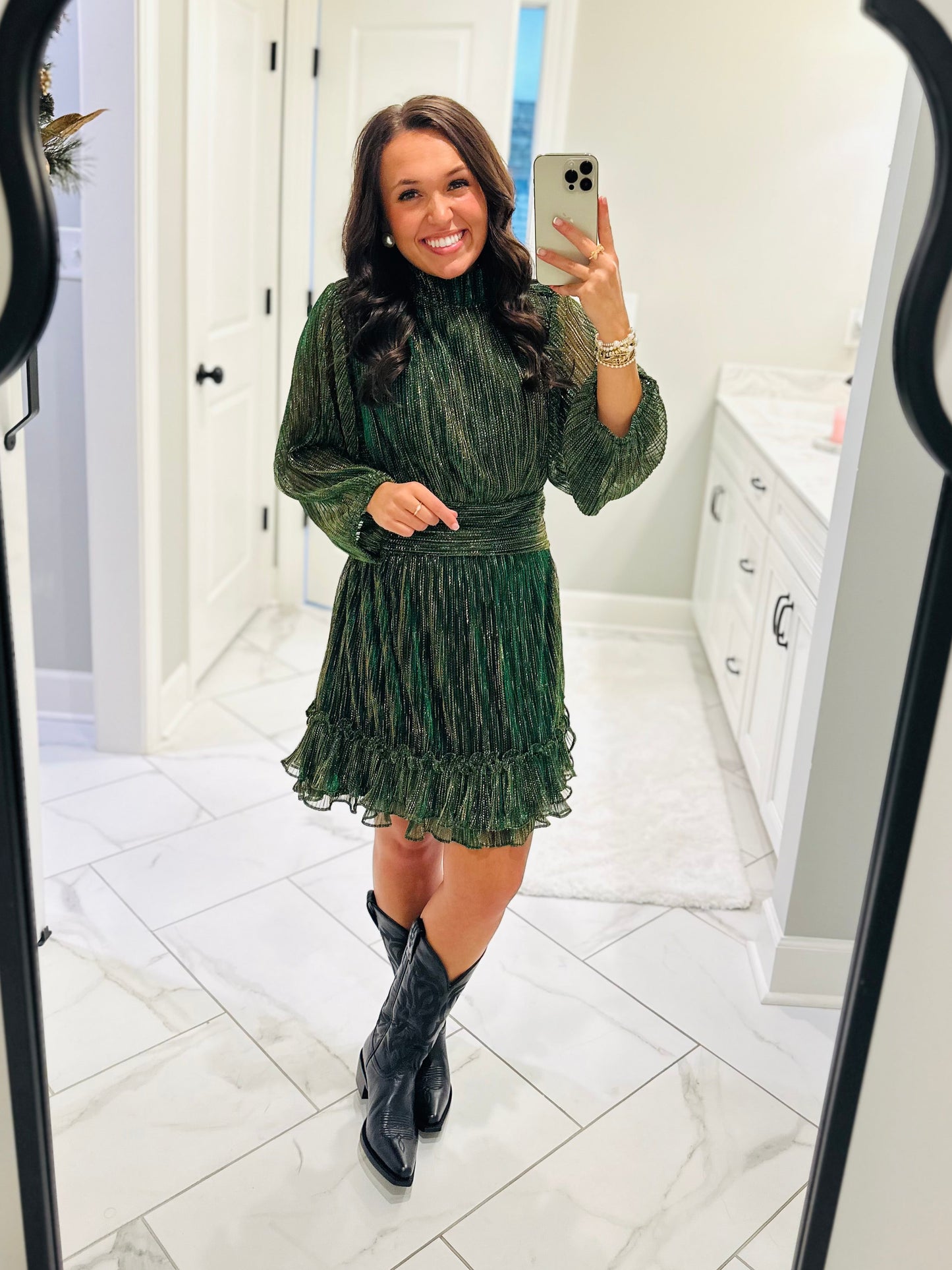 The Dasher Emerald Green Shiny Ruffle Dress