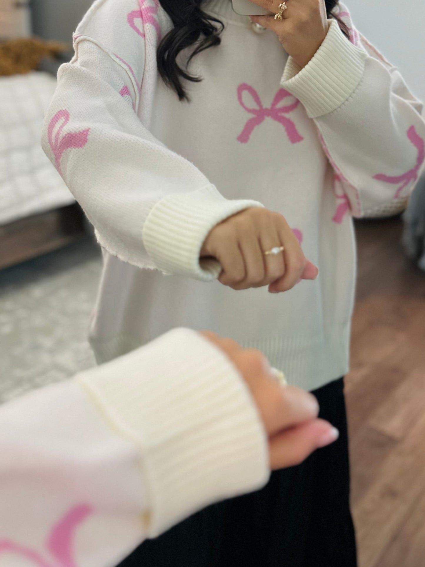 The Grace Pink + Cream Bow Sweater