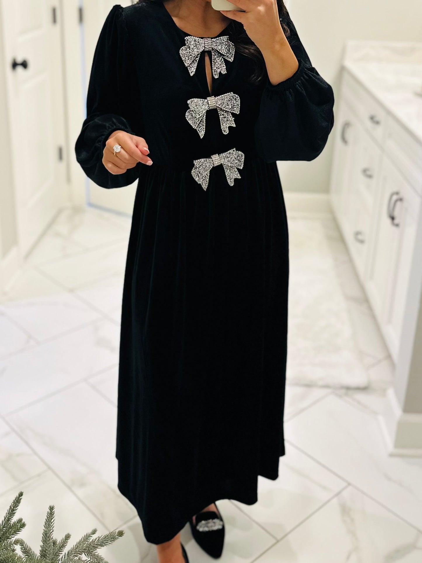 The Jenna Black Velvet Bow Midi Dress