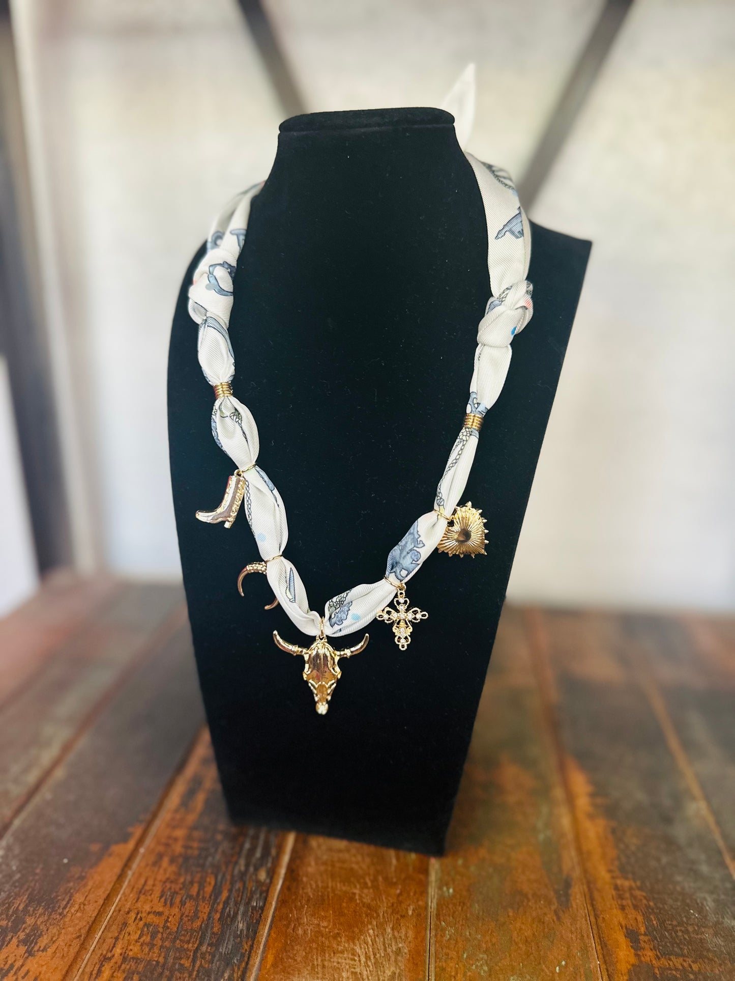 Western Steer Gold Charm Scarf Necklace - White