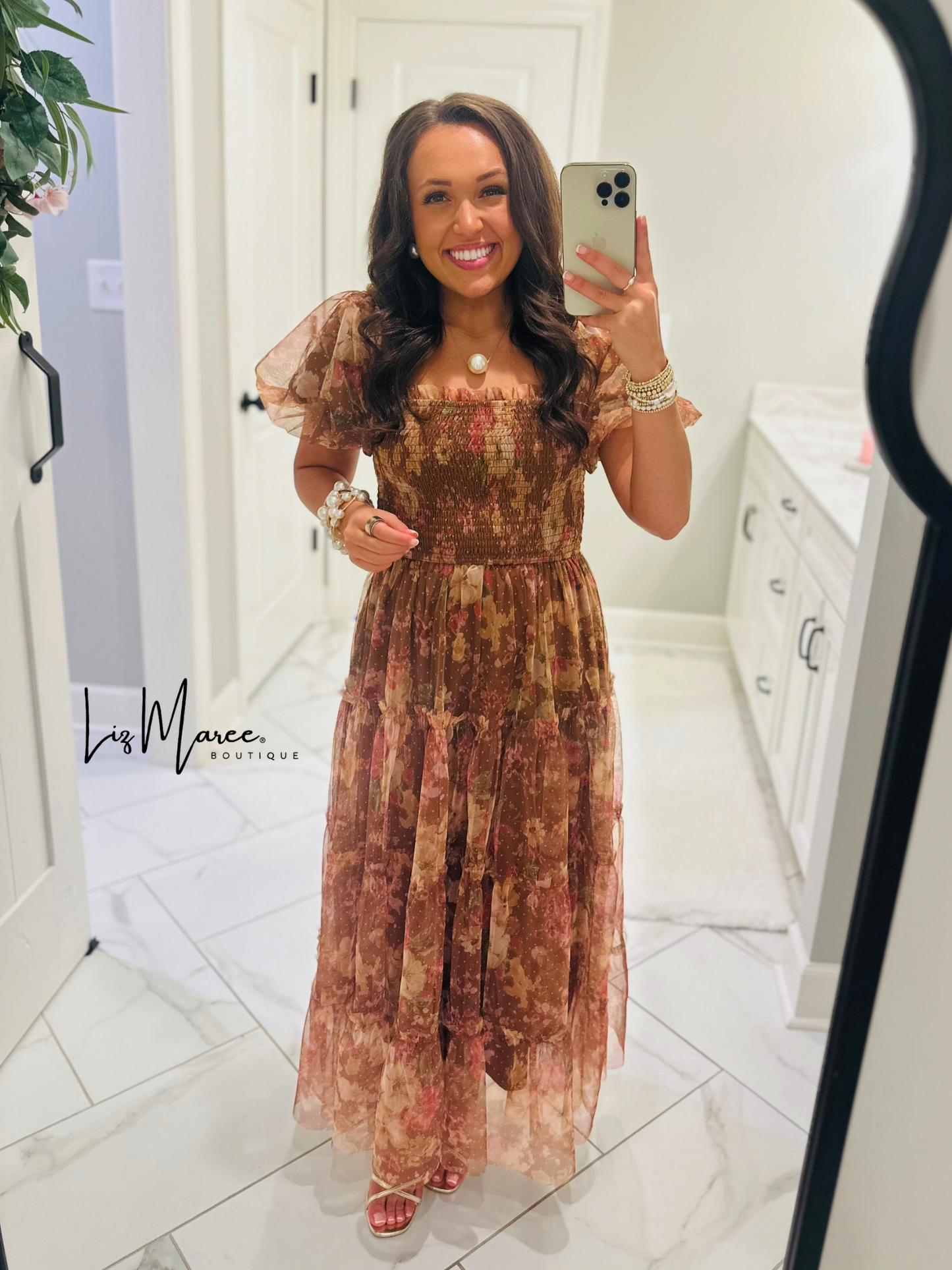 The Halston Light Brown Floral Polka Dot Midi Dress