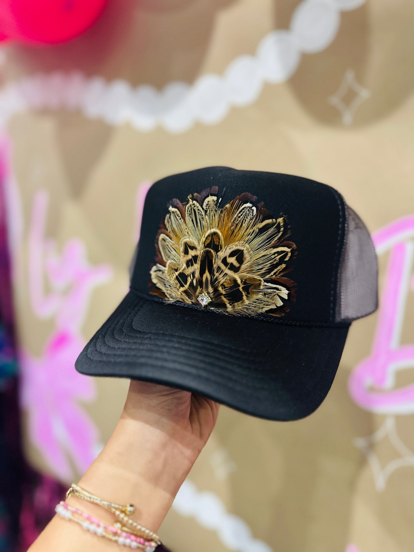 Black Feather + Diamond Stone Trucker Hat