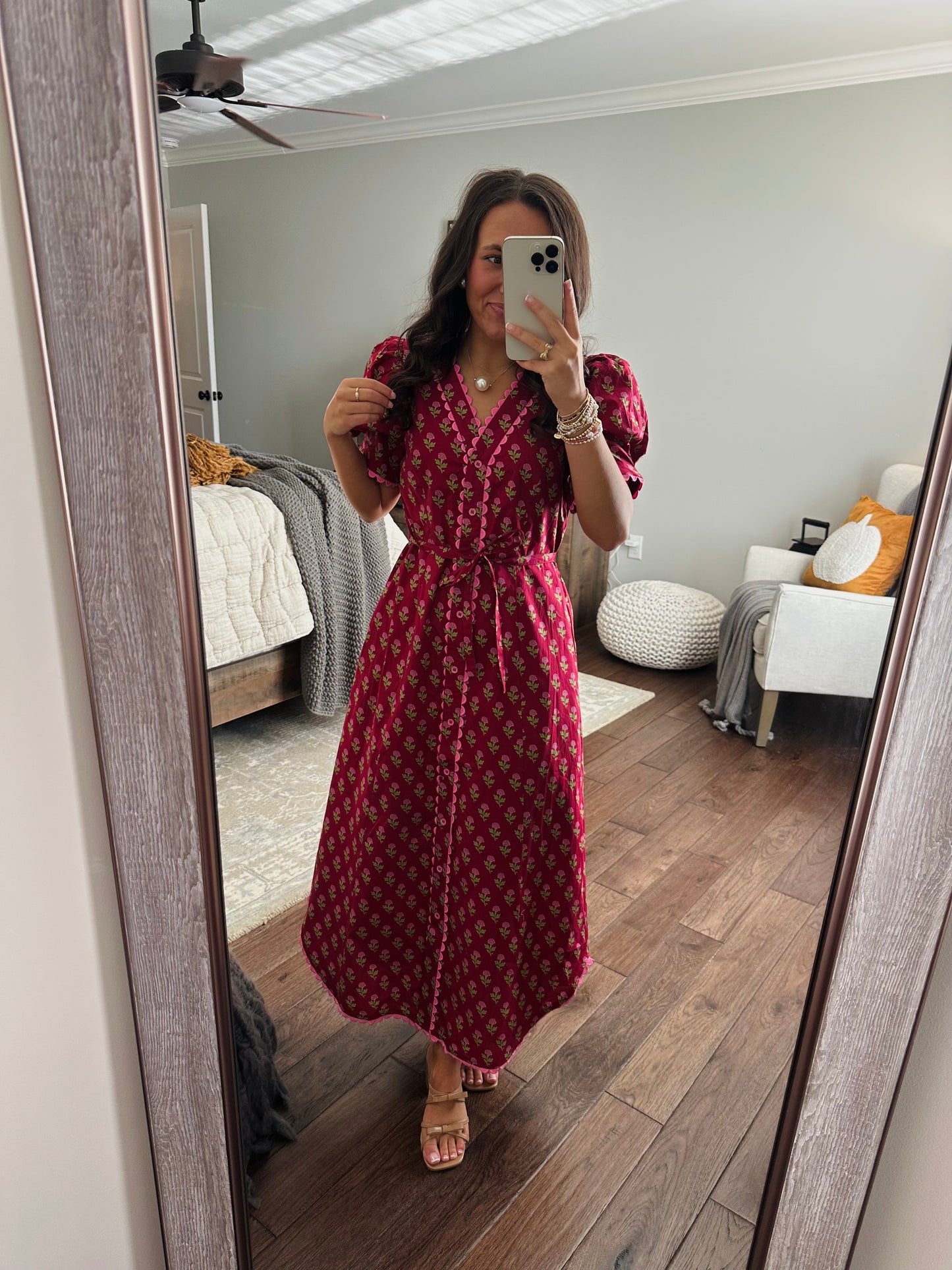 The Charlotte Burgundy Floral Scallop Trim Midi Dress