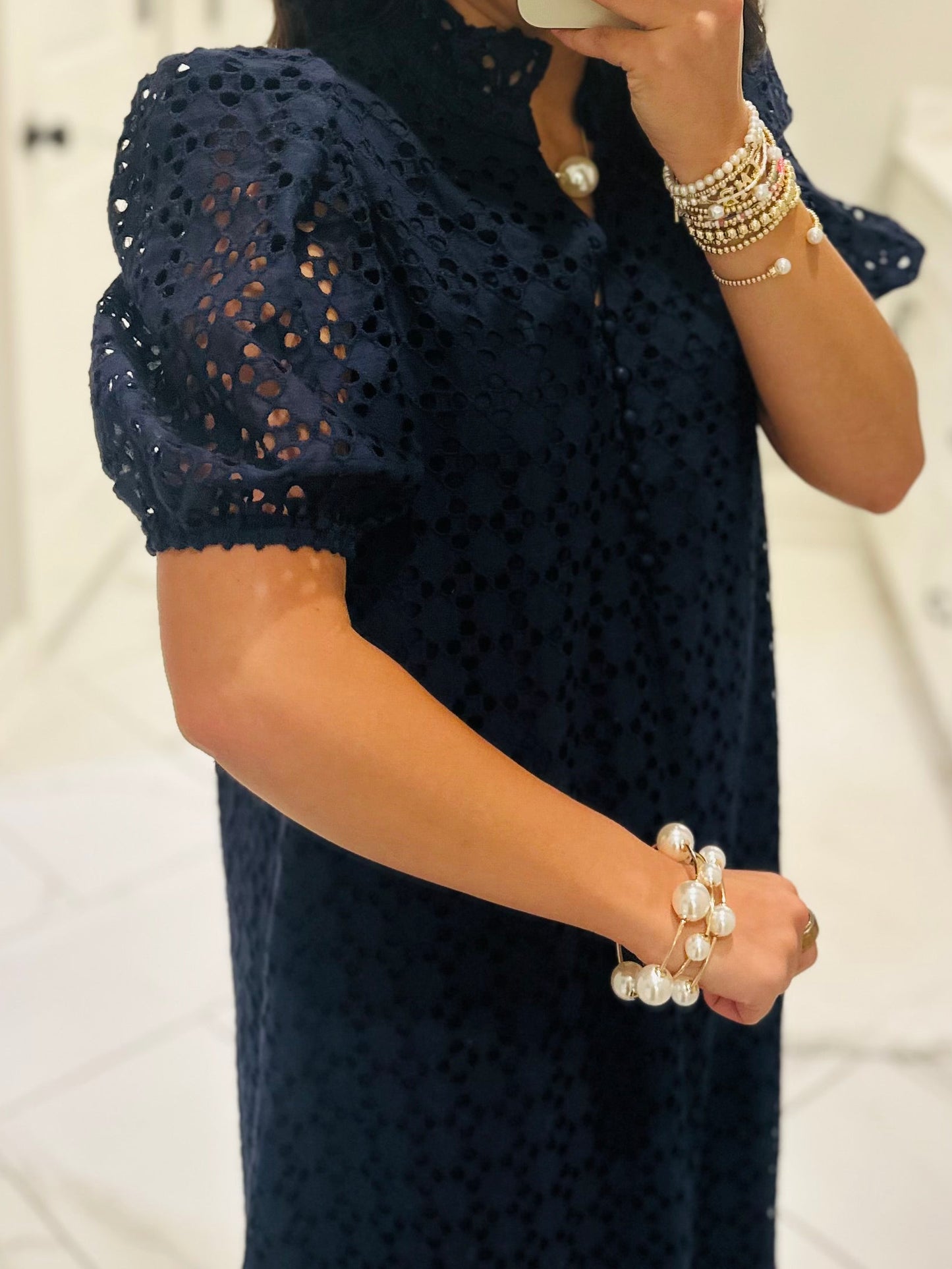 The Liz Navy Eyelet Midi Dress