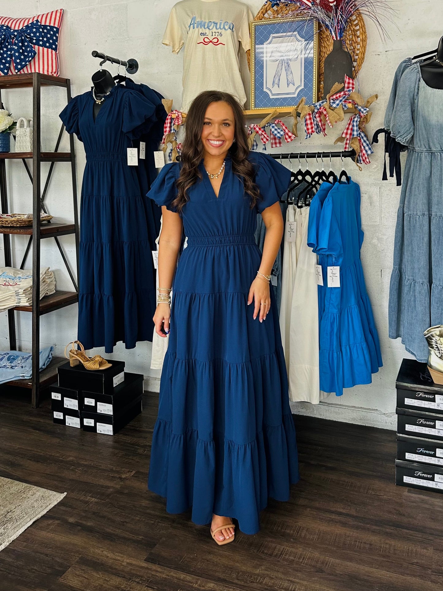 The Elizabeth Navy Puff Sleeve Midi Dress